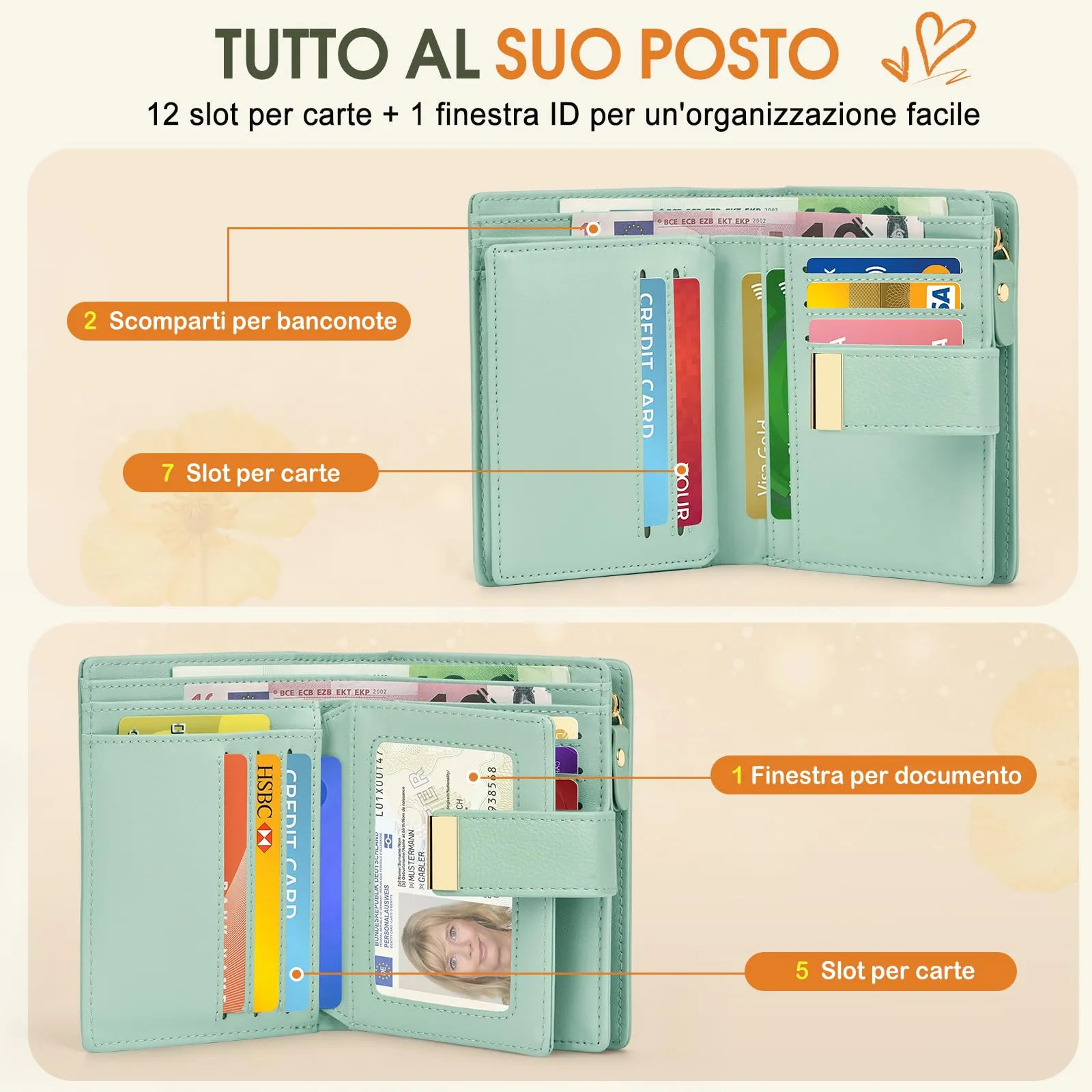 Faneam Portafoglio Donna Piccolo in Pelle, RFID, 12 Carte e Scatola Regalo - immagine 2