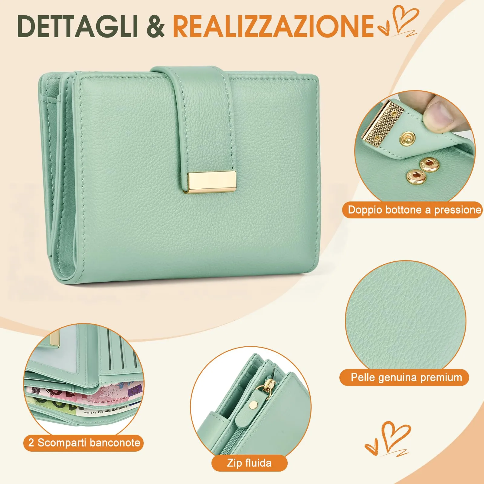 Faneam Portafoglio Donna Piccolo in Pelle, RFID, 12 Carte e Scatola Regalo - immagine 3