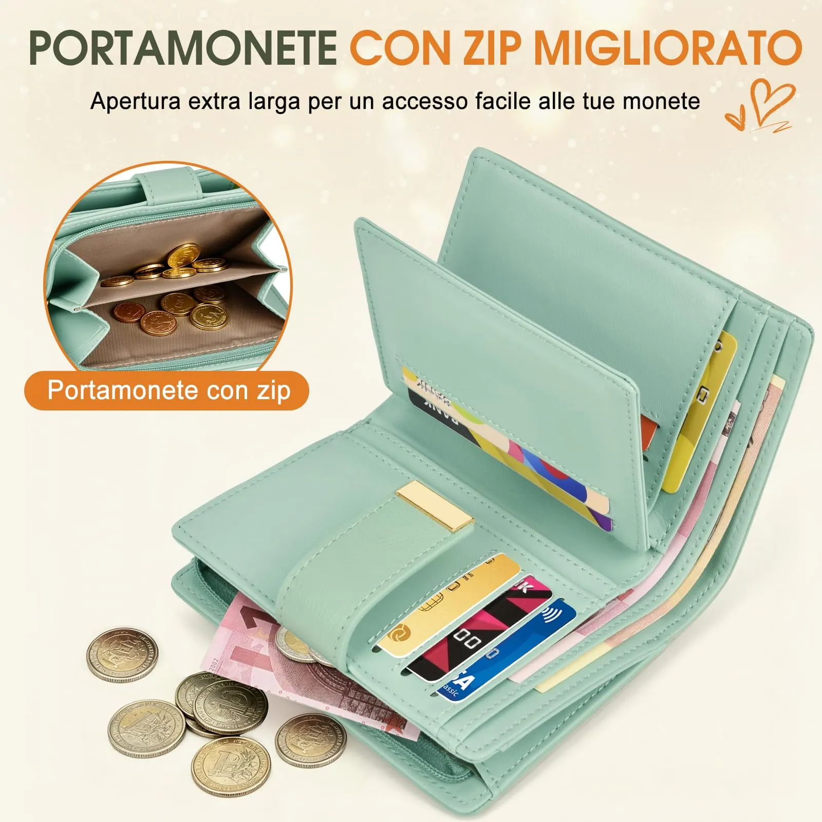 Faneam Portafoglio Donna Piccolo in Pelle, RFID, 12 Carte e Scatola Regalo - immagine 5