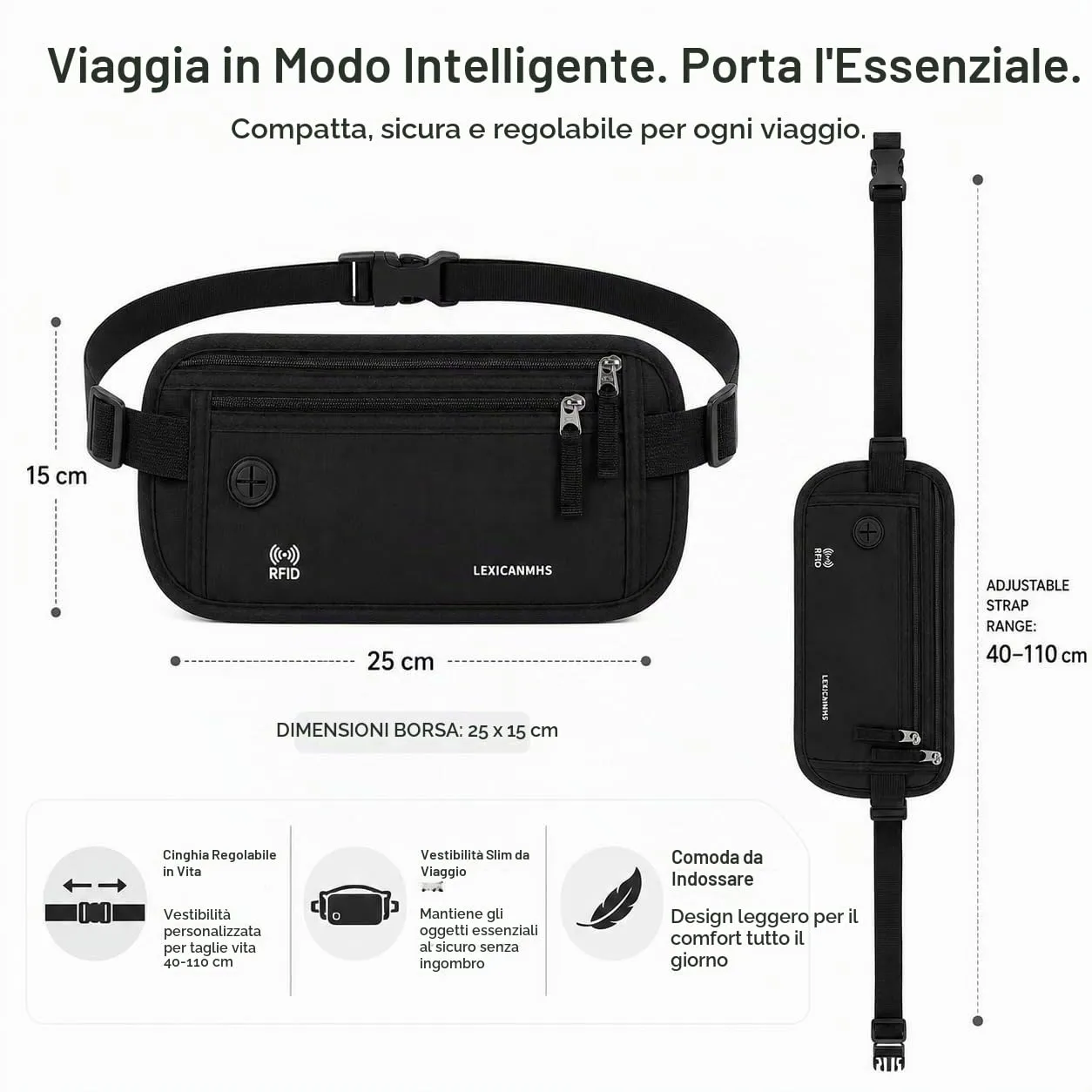 LEXICANMHS Marsupio Invisibile da Viaggio Antifurto, Cintura Portasoldi Nascosta per Uomo e Donna（Nero） - immagine 2