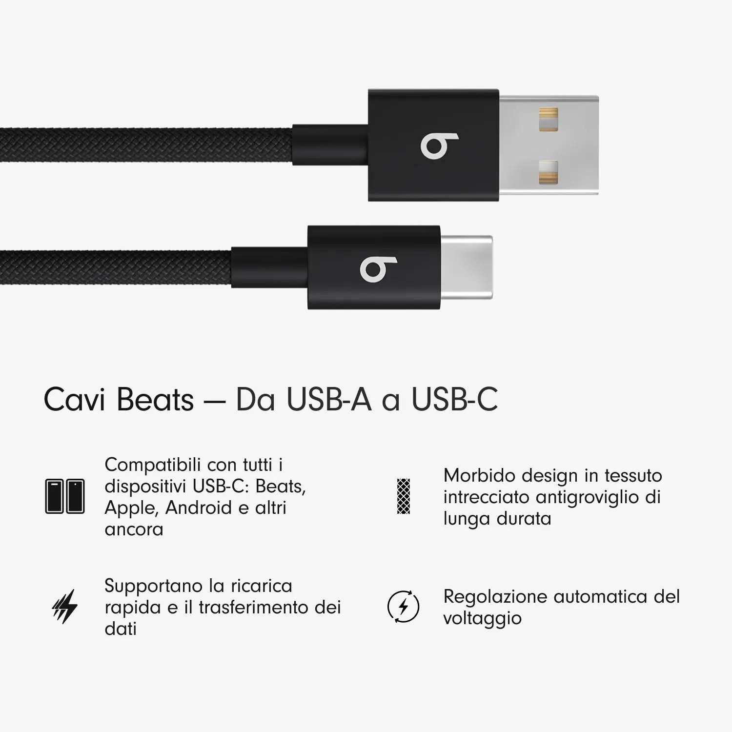 Beats da USB-A a USB-C Confezione da due cavi in tessuto intrecciato, ricarica rapida, resistente e antigroviglio, caricatore compatibile per dispositivi Apple e Android (1,5 m) - Nero nucleare - immagine 2