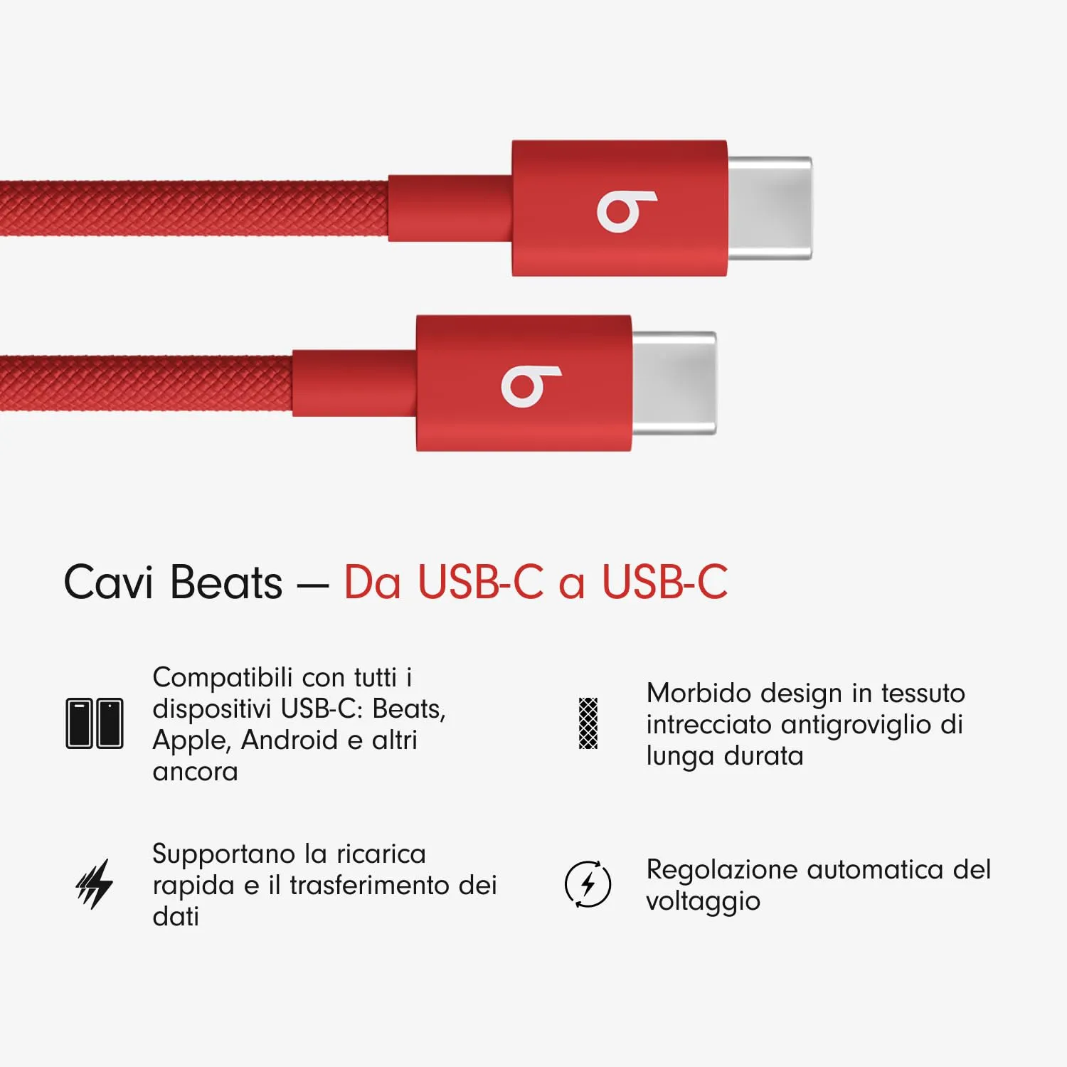 Beats da USB-C a USB-C Cavo in tessuto intrecciato, ricarica rapida, resistente e antigroviglio, caricatore compatibile per dispositivi Apple e Android (1,5 m) - Rosso rapido - immagine 2