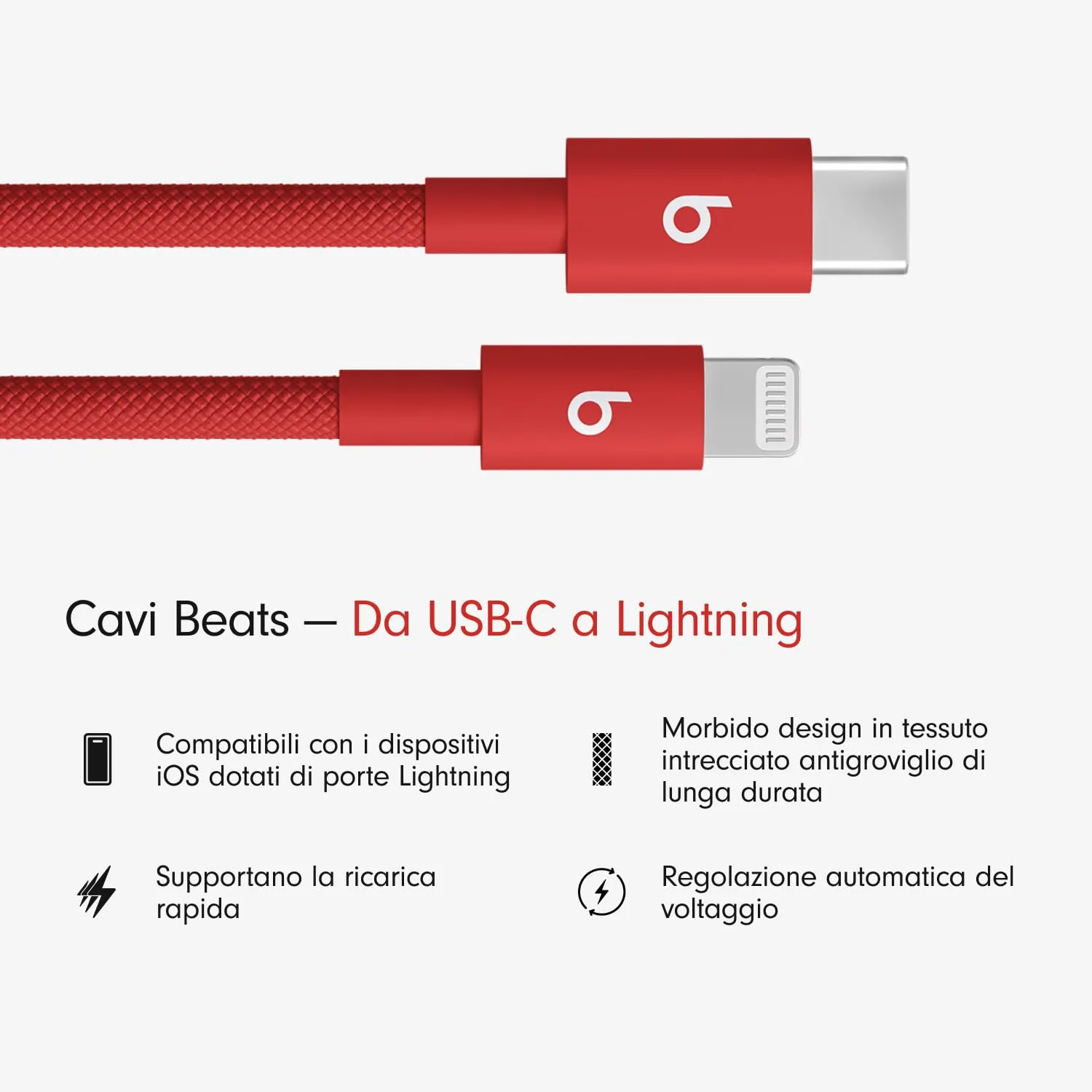 Beats in tessuto intrecciato da USB-C a Lightning Cavo, ricarica rapida, resistente e antigroviglio, caricatore compatibile per dispositivi Apple con porte Lightning (1,5 m) - Rosso rapido - immagine 2