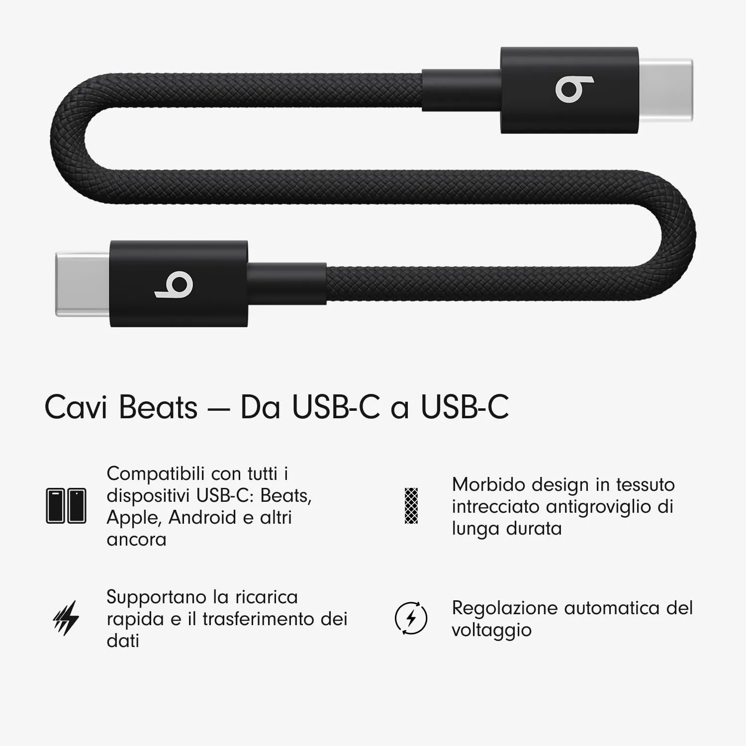 Beats corto da USB-C a USB-C Cavo in tessuto intrecciato, ricarica rapida, resistente e antigroviglio, caricatore compatibile per dispositivi Apple e Android (20 cm) - Nero nucleare - immagine 2