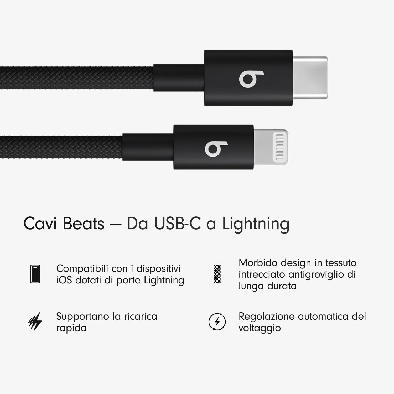 Beats in tessuto intrecciato da USB-C a Lightning Cavo, ricarica rapida, resistente e antigroviglio, caricatore compatibile per dispositivi Apple con porte Lightning (1,5 m) - Nero nucleare - immagine 2