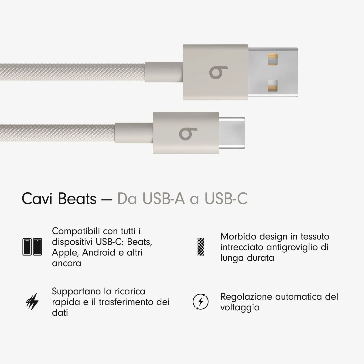 Beats da USB-A a USB-C Cavo in tessuto intrecciato, ricarica rapida, resistente e antigroviglio, caricatore compatibile per dispositivi Apple e Android (1,5 m) - Grigio guizzo - immagine 2