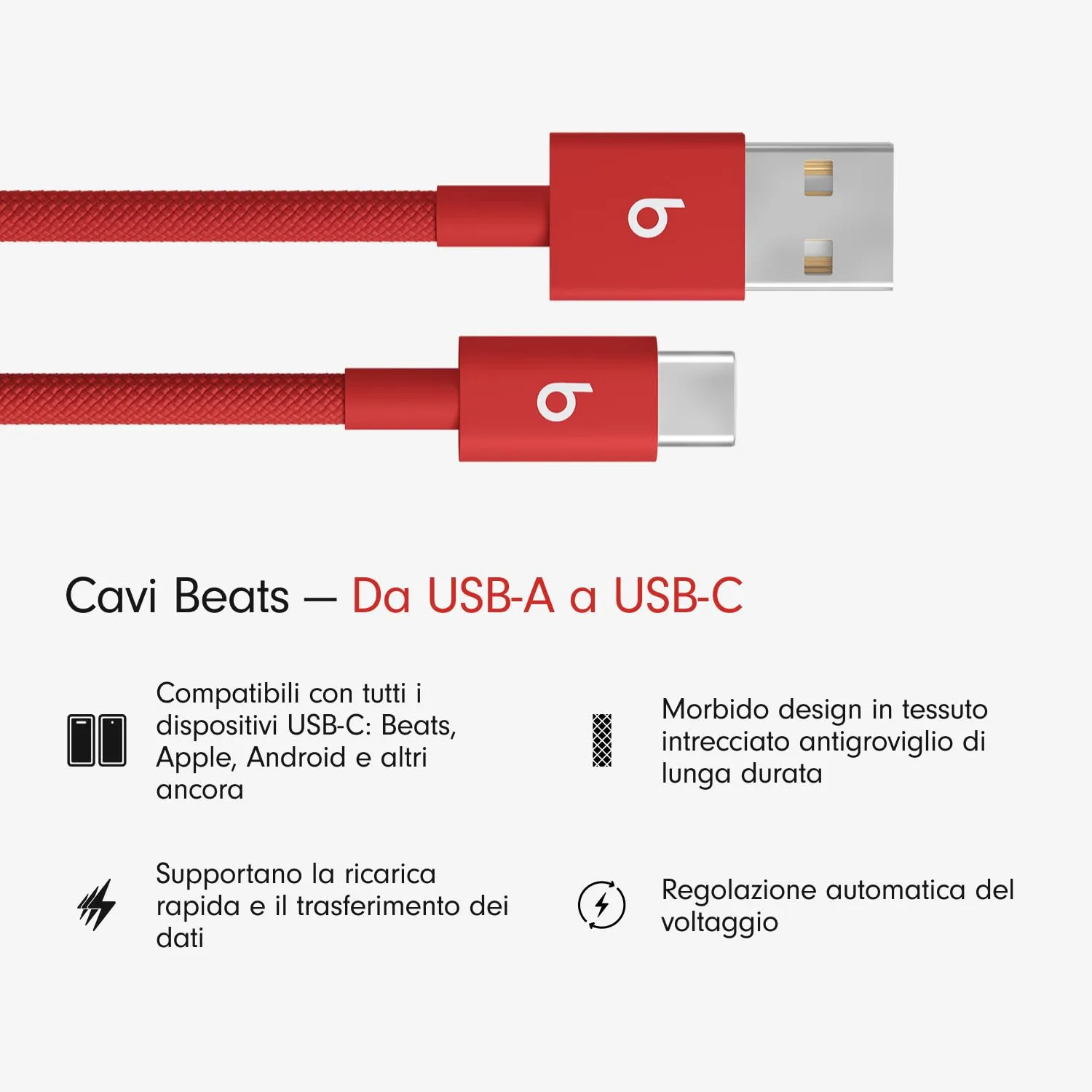 Beats da USB-A a USB-C Cavo in tessuto intrecciato, ricarica rapida, resistente e antigroviglio, caricatore compatibile per dispositivi Apple e Android (1,5 m) - Rosso rapido - immagine 2