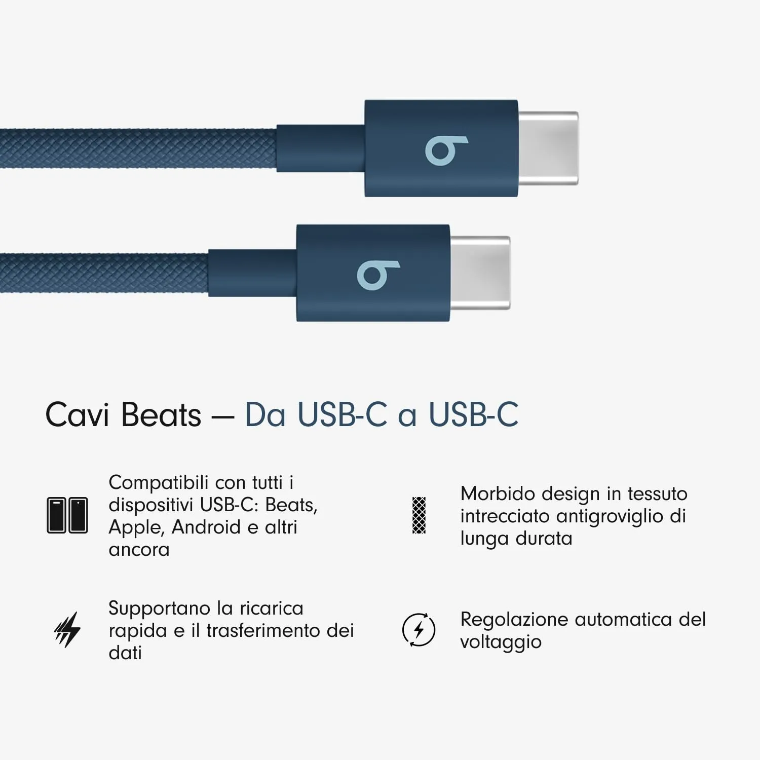 Beats da USB-C a USB-C Cavo in tessuto intrecciato, ricarica rapida, resistente e antigroviglio, caricatore compatibile per dispositivi Apple e Android (1,5 m) - Blu burrasca - immagine 2
