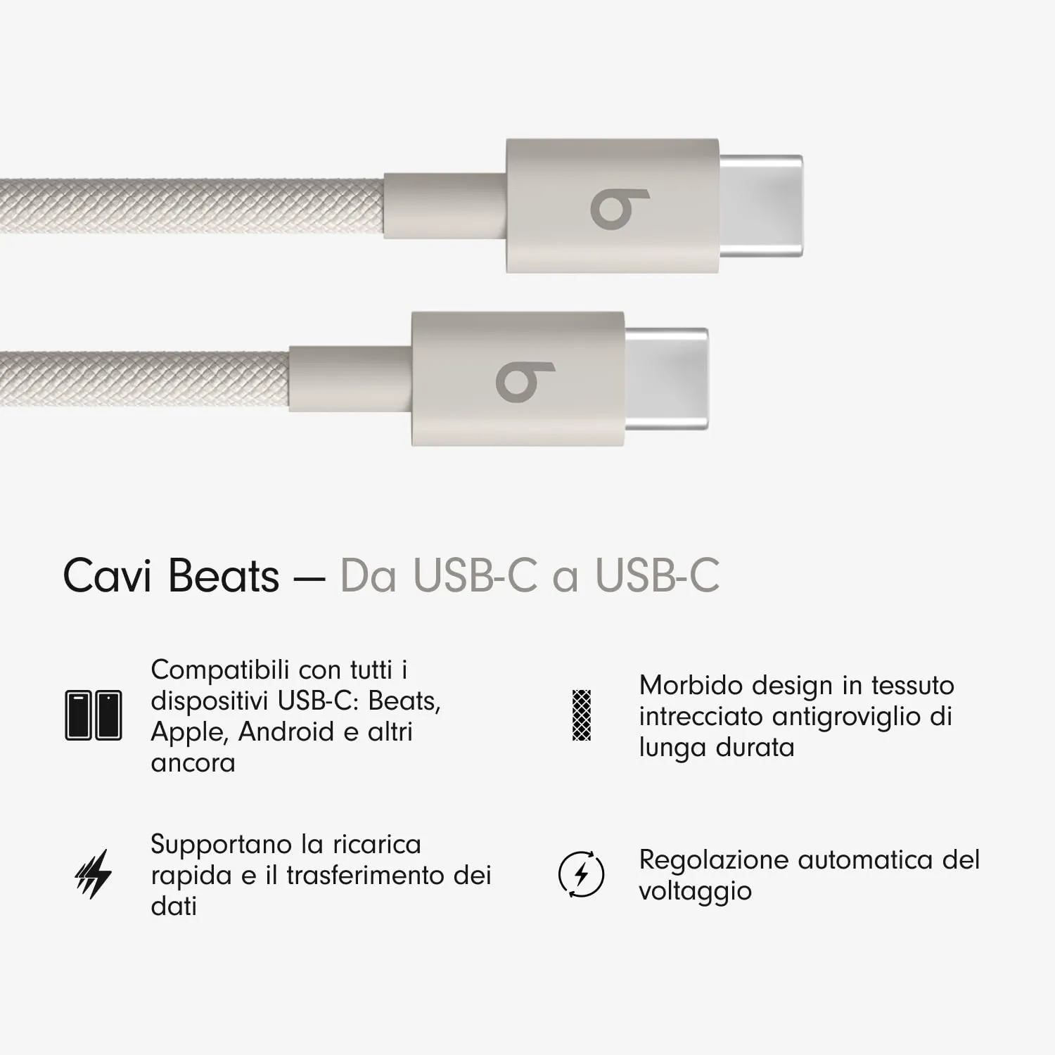 Beats da USB-C a USB-C Cavo in tessuto intrecciato, ricarica rapida, resistente e antigroviglio, caricatore compatibile per dispositivi Apple e Android (1,5 m) - Grigio guizzo - immagine 2