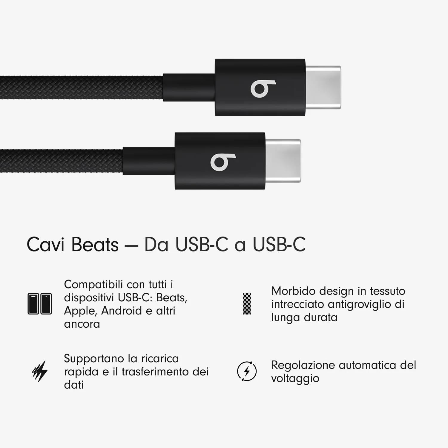 Beats da USB-C a USB-C Confezione da due cavi in tessuto intrecciato, ricarica rapida, resistente e antigroviglio, caricatore compatibile per dispositivi Apple e Android (1,5 m) - Nero nucleare - immagine 2