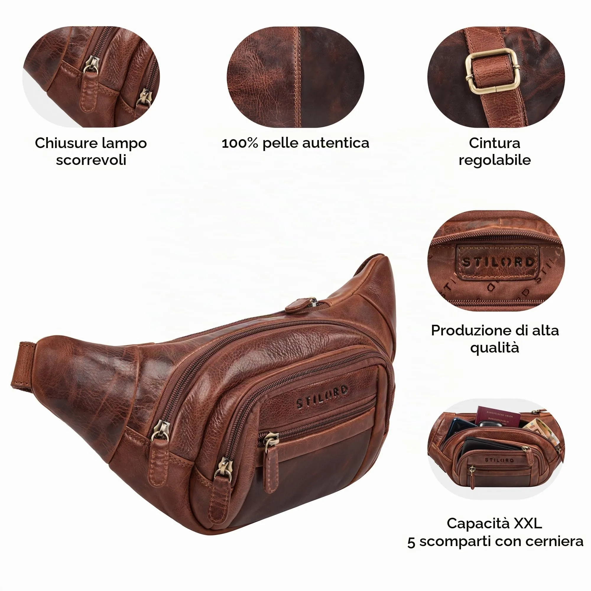 STILORD 'Dublin' Marsupio Uomo Pelle Grande Dimensioni - Marsupio da Cintura per Festival, Viaggio e Jogging - Borsa pelle con 5 Zip Tasche & Cintura Regolabile, Colore:kara - cognac - immagine 3