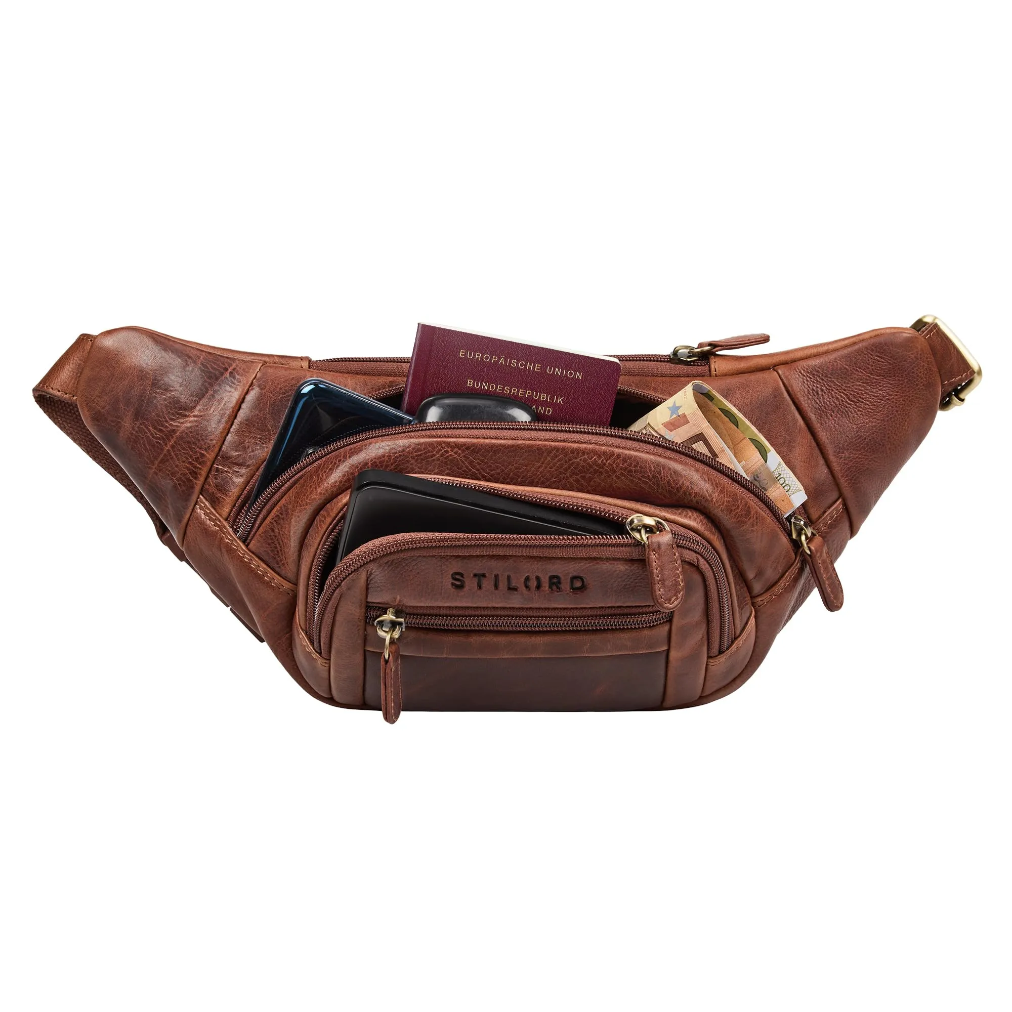 STILORD 'Dublin' Marsupio Uomo Pelle Grande Dimensioni - Marsupio da Cintura per Festival, Viaggio e Jogging - Borsa pelle con 5 Zip Tasche & Cintura Regolabile, Colore:kara - cognac - immagine 4