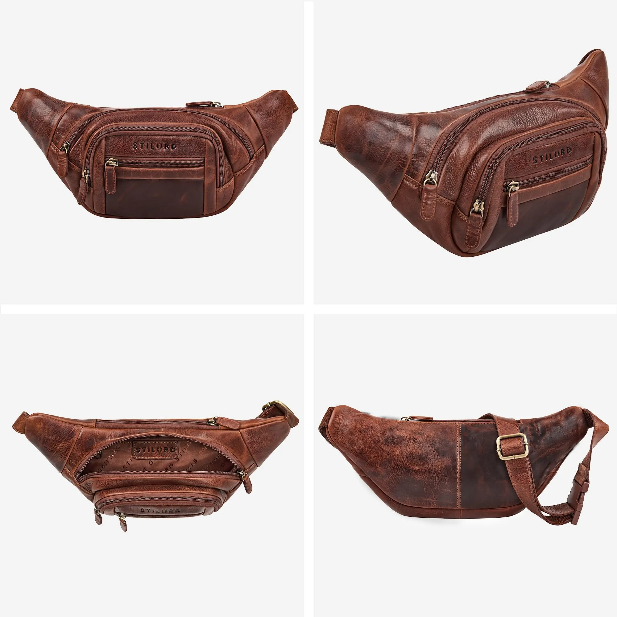 STILORD 'Dublin' Marsupio Uomo Pelle Grande Dimensioni - Marsupio da Cintura per Festival, Viaggio e Jogging - Borsa pelle con 5 Zip Tasche & Cintura Regolabile, Colore:kara - cognac - immagine 5