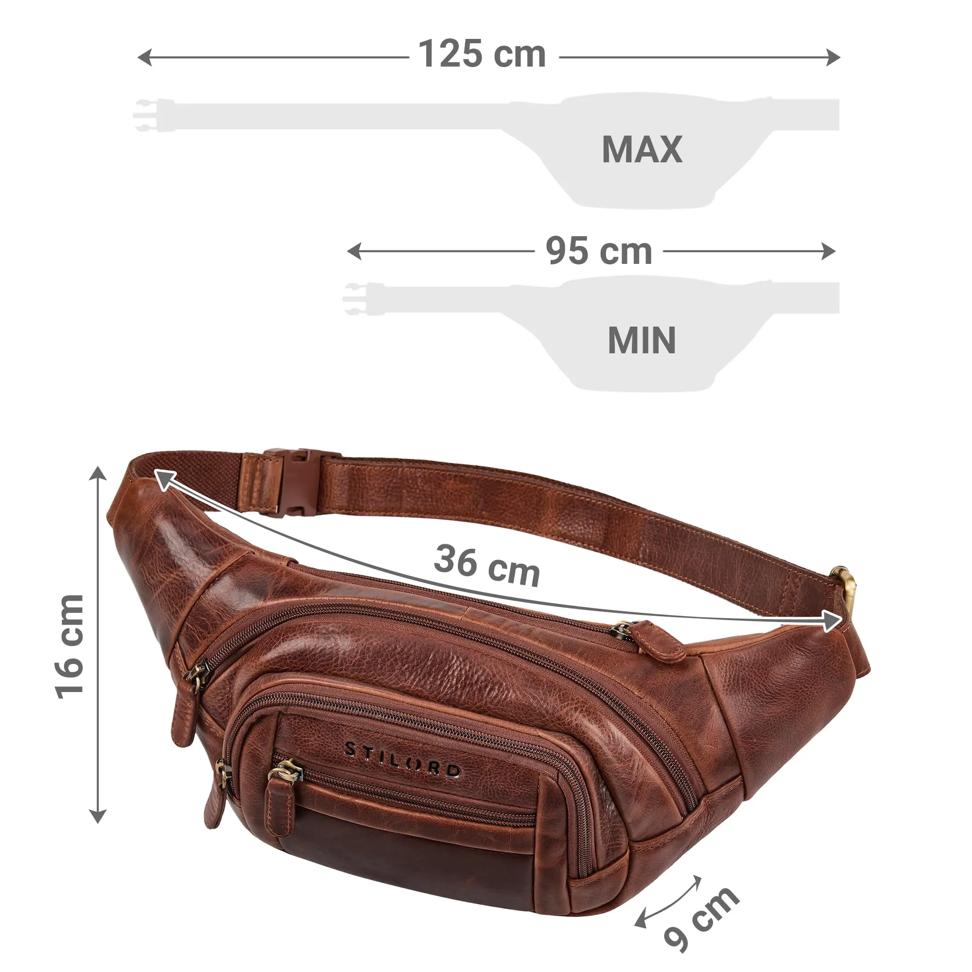 STILORD 'Dublin' Marsupio Uomo Pelle Grande Dimensioni - Marsupio da Cintura per Festival, Viaggio e Jogging - Borsa pelle con 5 Zip Tasche & Cintura Regolabile, Colore:kara - cognac - immagine 6
