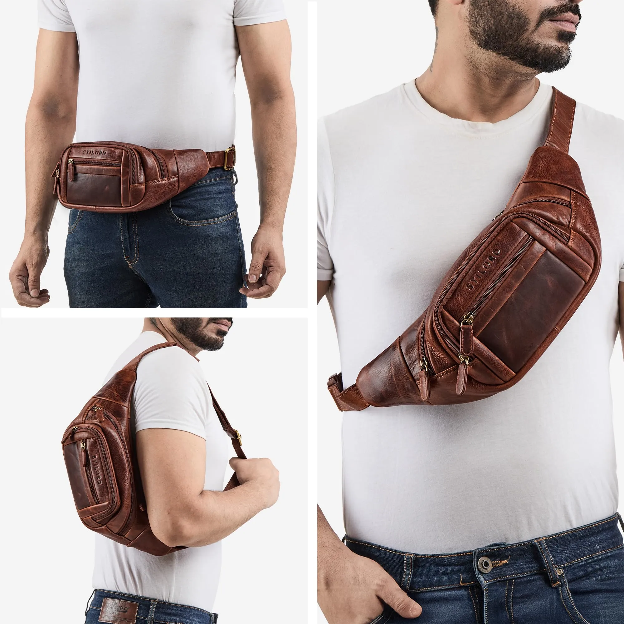 STILORD 'Dublin' Marsupio Uomo Pelle Grande Dimensioni - Marsupio da Cintura per Festival, Viaggio e Jogging - Borsa pelle con 5 Zip Tasche & Cintura Regolabile, Colore:kara - cognac - immagine 7