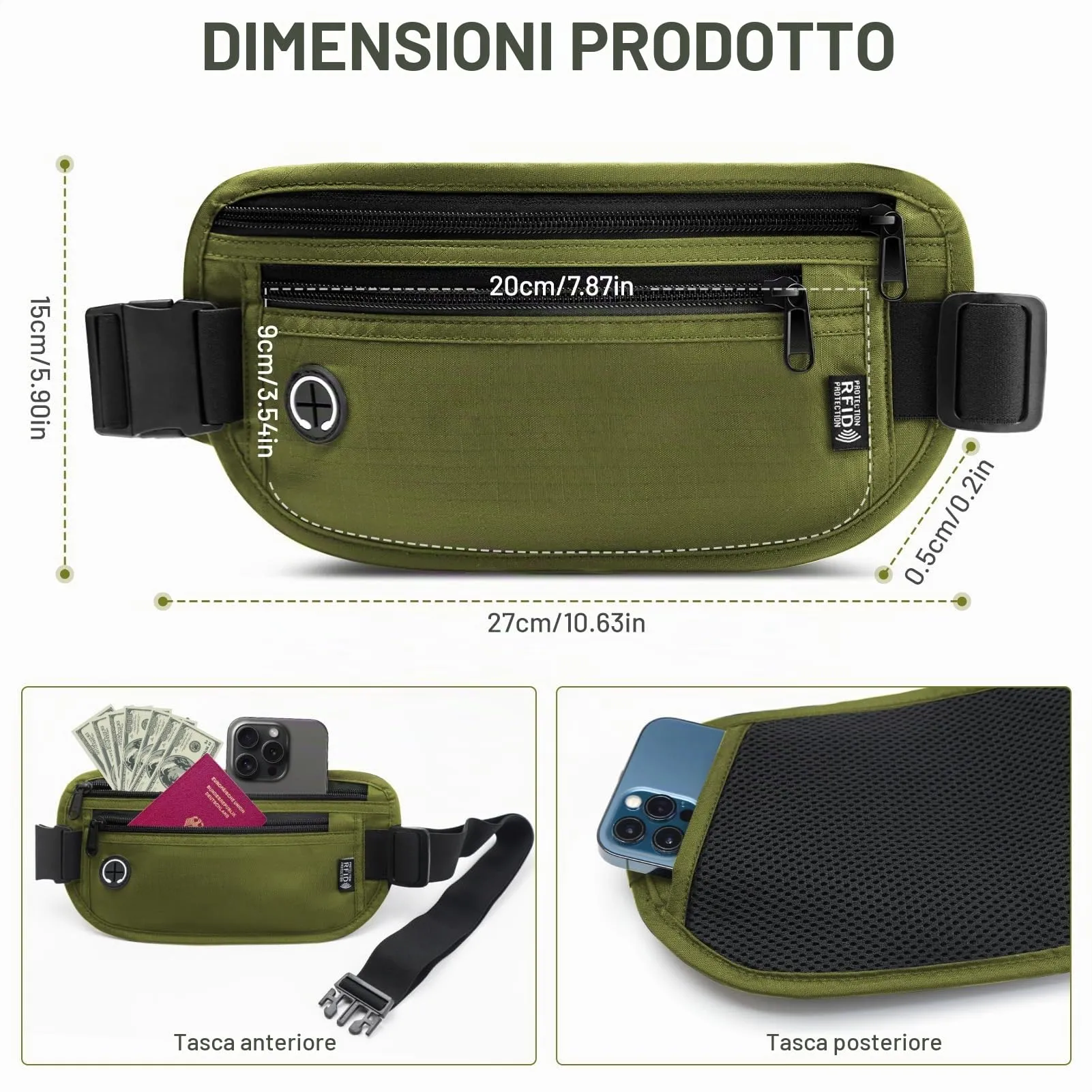 GlasFlength Marsupio da Viaggio con Blocco RFID, Cintura Portasoldi Antifurto per Uomo Donna Regolabile Sottile Borsa Sportiva per Passaporto Carte Contanti Impermeabile Cintura per Soldi (Oliva) - immagine 2