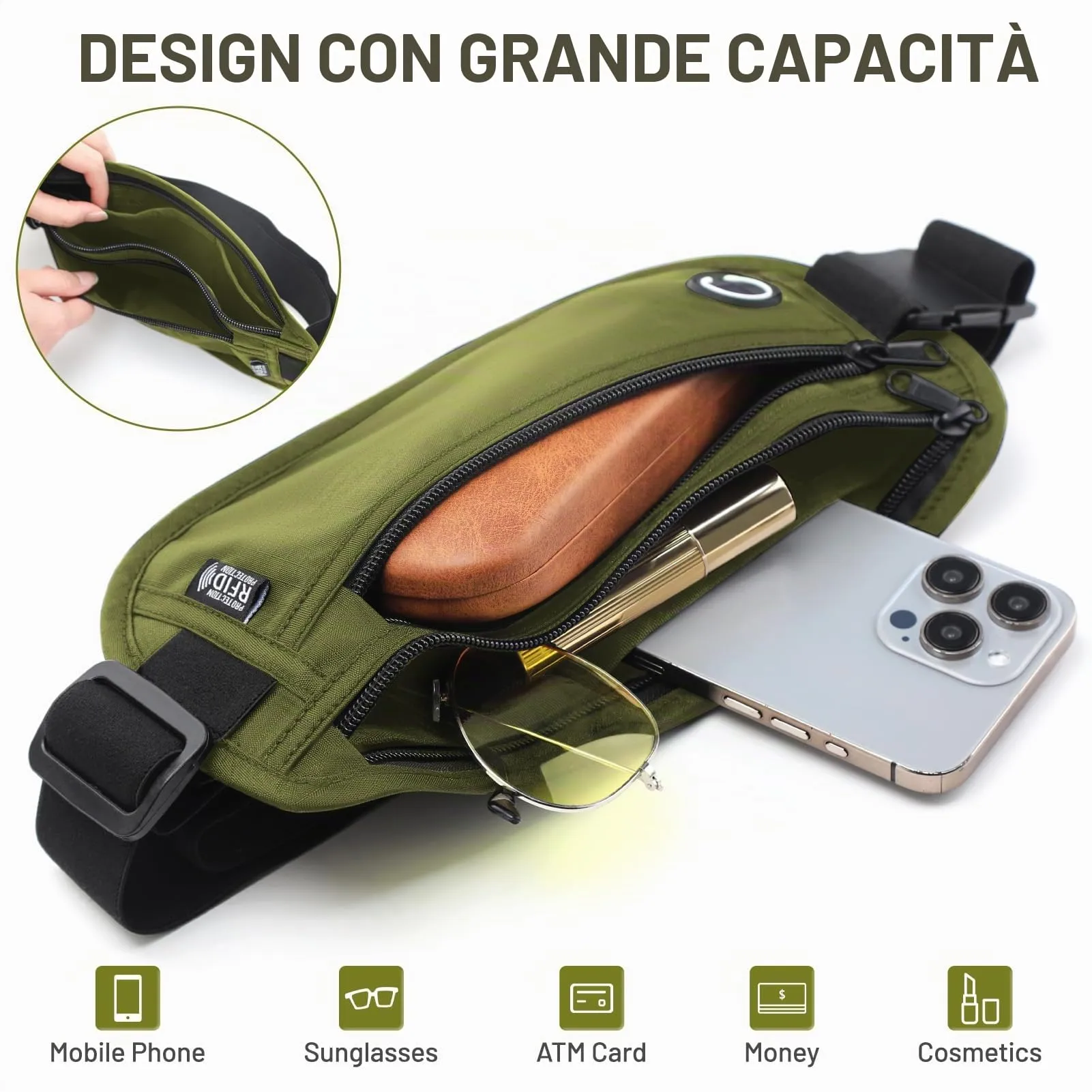 GlasFlength Marsupio da Viaggio con Blocco RFID, Cintura Portasoldi Antifurto per Uomo Donna Regolabile Sottile Borsa Sportiva per Passaporto Carte Contanti Impermeabile Cintura per Soldi (Oliva) - immagine 4