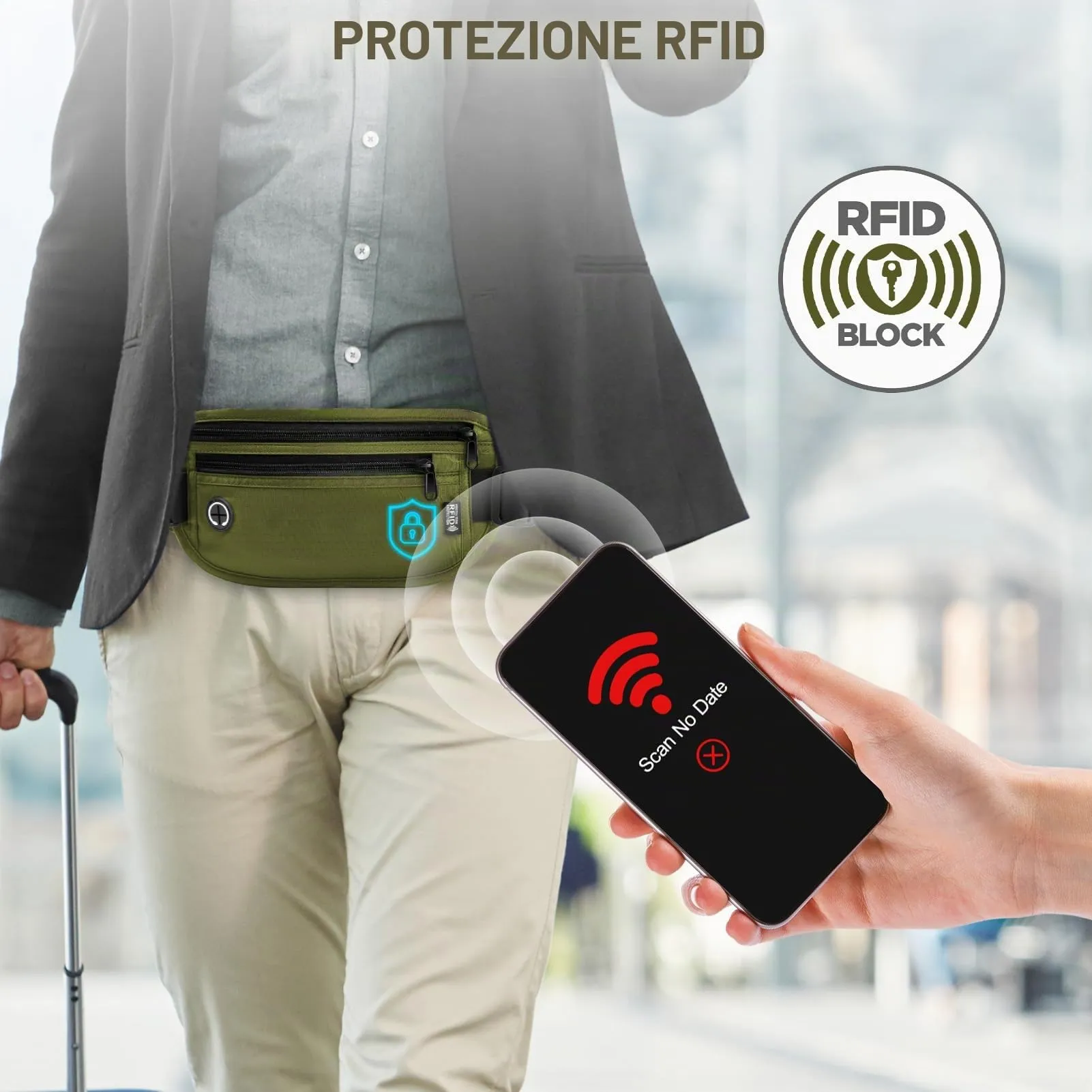 GlasFlength Marsupio da Viaggio con Blocco RFID, Cintura Portasoldi Antifurto per Uomo Donna Regolabile Sottile Borsa Sportiva per Passaporto Carte Contanti Impermeabile Cintura per Soldi (Oliva) - immagine 6