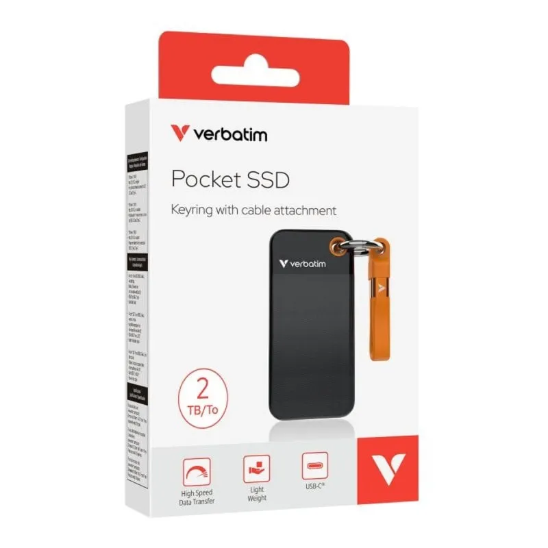 SSD Verbatim Pocket 2TB USB Tipo C 3.2 Gen 2 1000MB/s Nero, Nero, Arancione - immagine 1