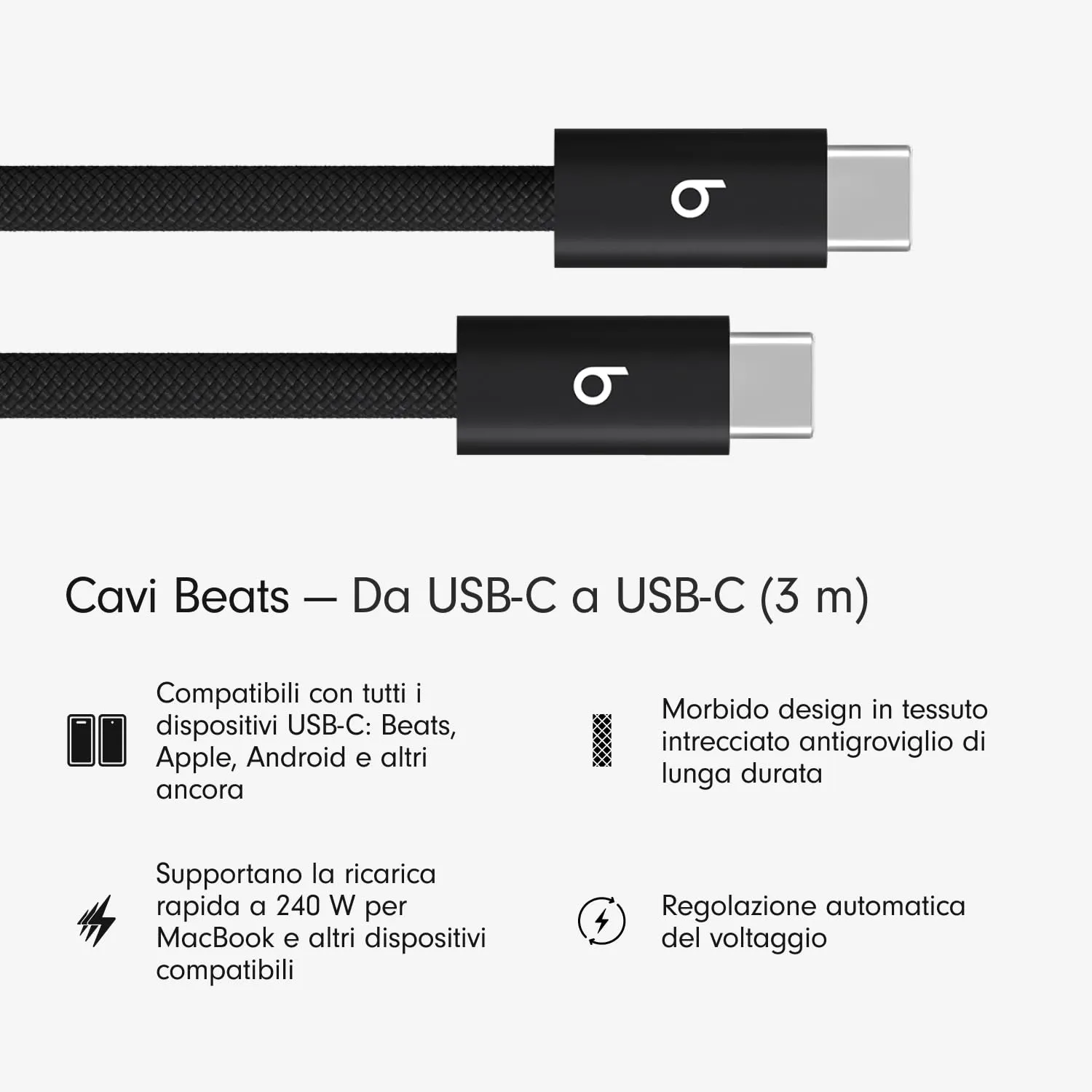 Cavo Beats intrecciato da 240 W, da USB-C a USB-C, per ricarica rapida, resistente e antigroviglio, compatibile con dispositivi Apple e Android (3 m) – Nero nucleare - immagine 2