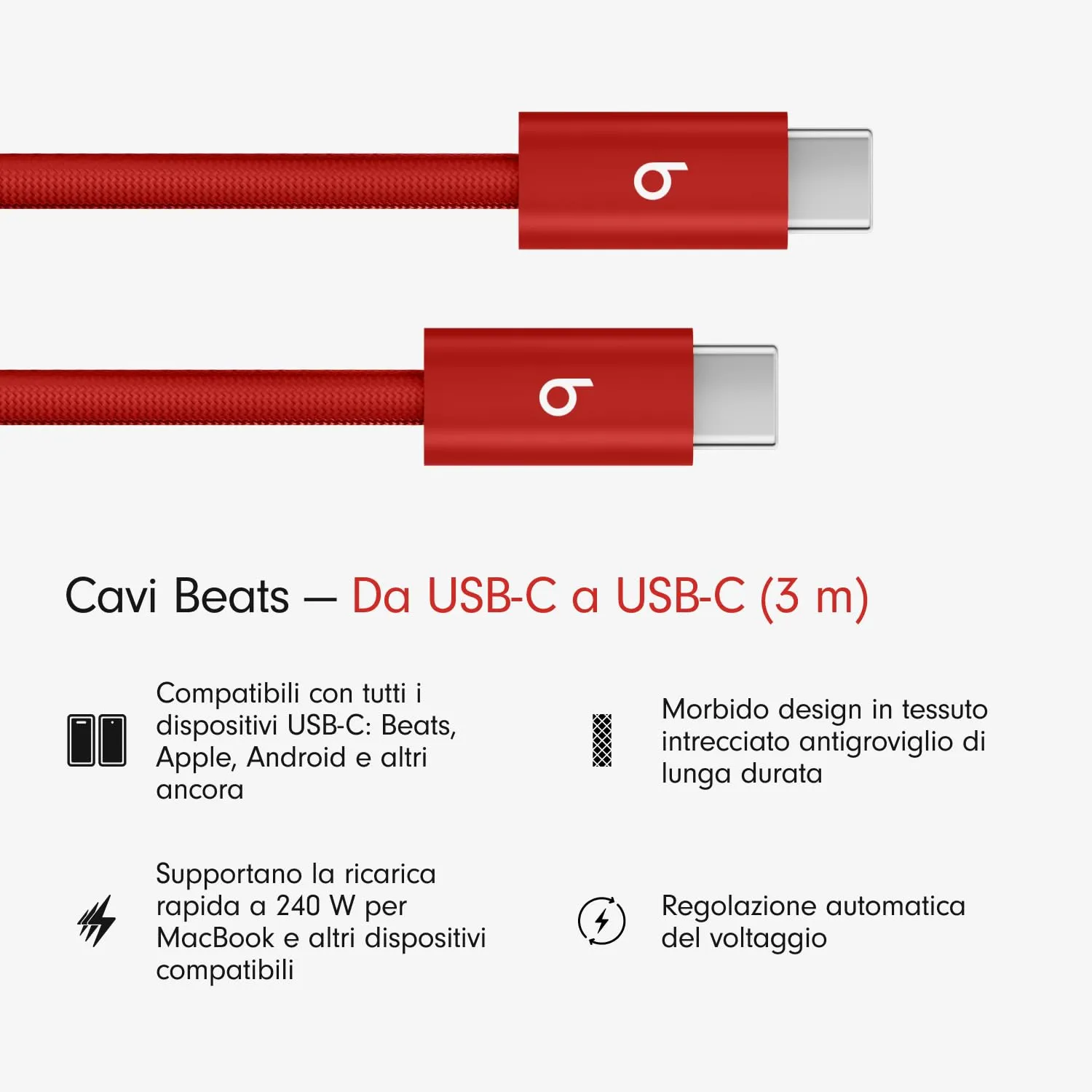 Cavo Beats intrecciato da 240 W, da USB-C a USB-C, per ricarica rapida, resistente e antigroviglio, compatibile con dispositivi Apple e Android (3 m) – Rosso rapido - immagine 2