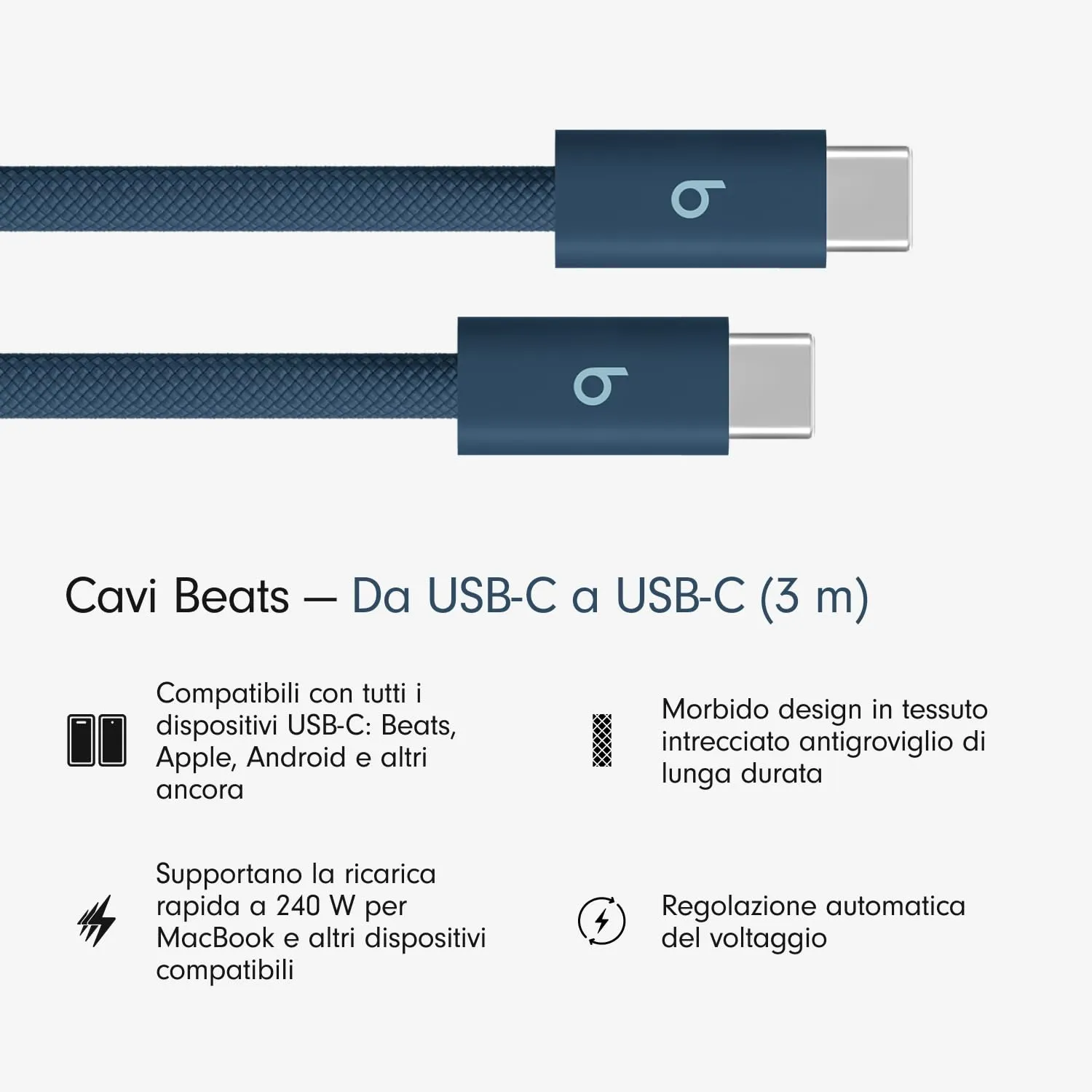 Cavo Beats intrecciato da 240 W, da USB-C a USB-C, per ricarica rapida, resistente e antigroviglio, compatibile con dispositivi Apple e Android (3 m) – Blu burrasca - immagine 2