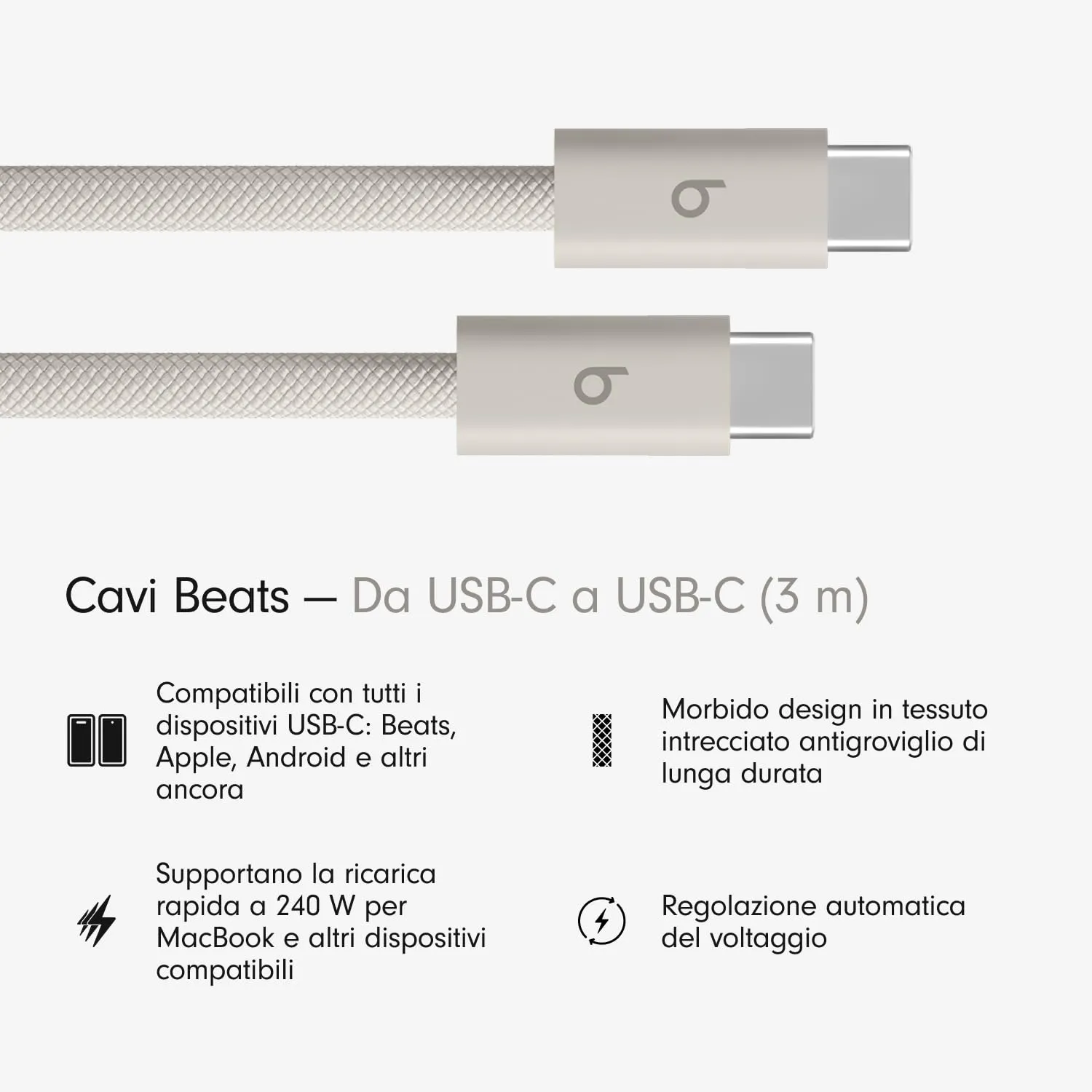 Cavo Beats intrecciato da 240 W, da USB-C a USB-C, per ricarica rapida, resistente e antigroviglio, compatibile con dispositivi Apple e Android (3 m) – Grigio guizzo - immagine 2
