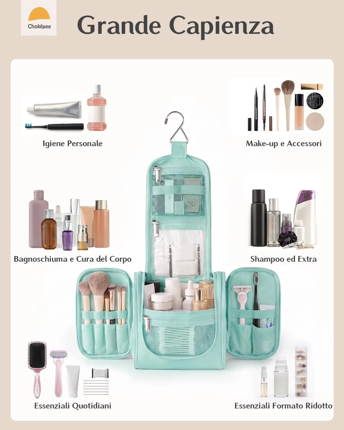 Beauty Case da Viaggio per Donna da Appendere - Borsa da Toilette e Trousse Organizer Portatile per Cosmetici e Prodotti da Bagno - Adatto per i viaggi e la palestra Verde ottanio, Media - immagine 2