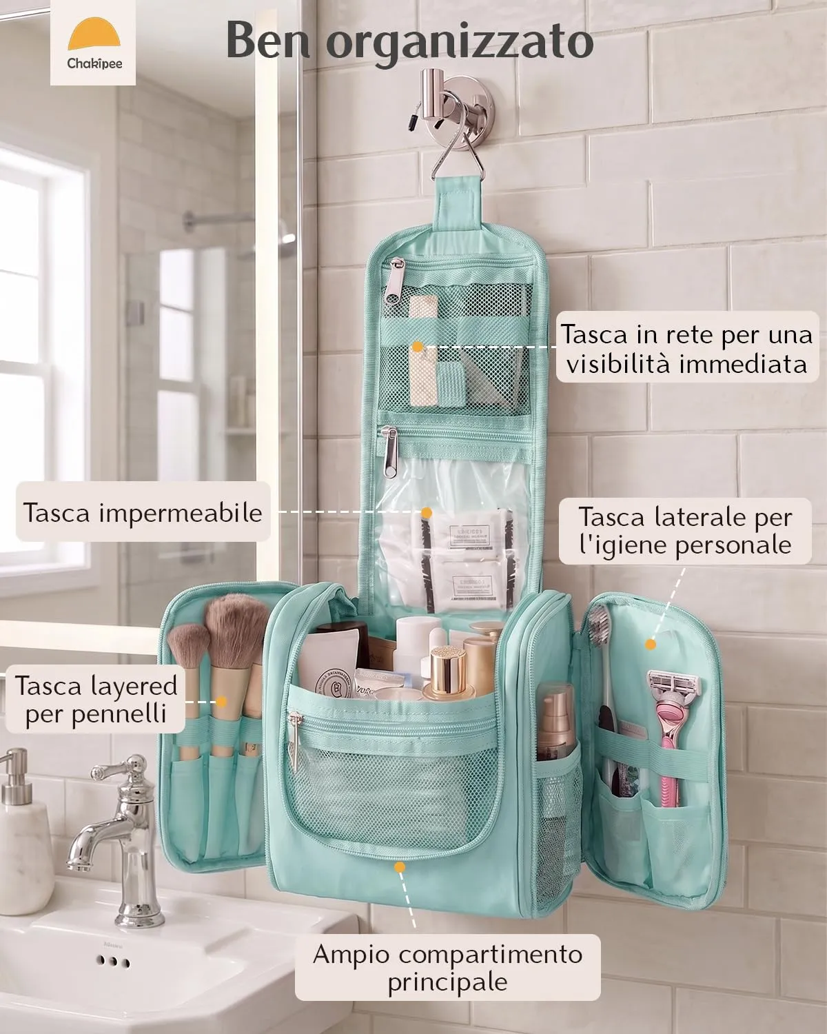 Beauty Case da Viaggio per Donna da Appendere - Borsa da Toilette e Trousse Organizer Portatile per Cosmetici e Prodotti da Bagno - Adatto per i viaggi e la palestra Verde ottanio, Media - immagine 3