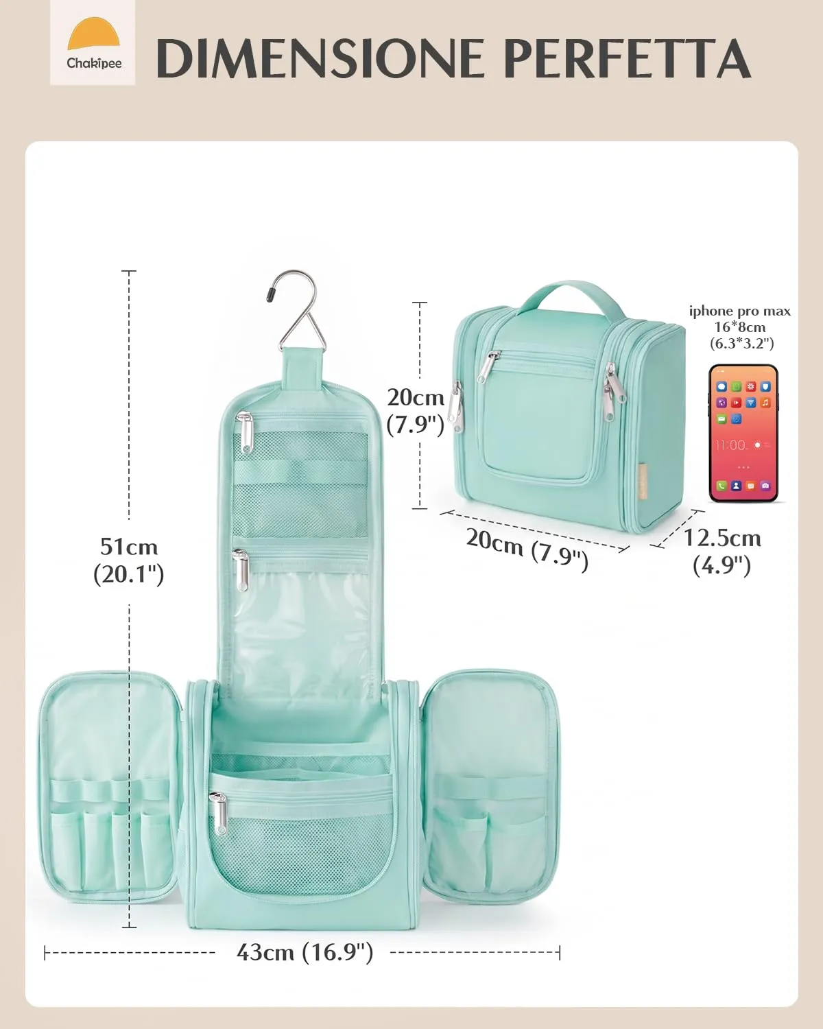 Beauty Case da Viaggio per Donna da Appendere - Borsa da Toilette e Trousse Organizer Portatile per Cosmetici e Prodotti da Bagno - Adatto per i viaggi e la palestra Verde ottanio, Media - immagine 4