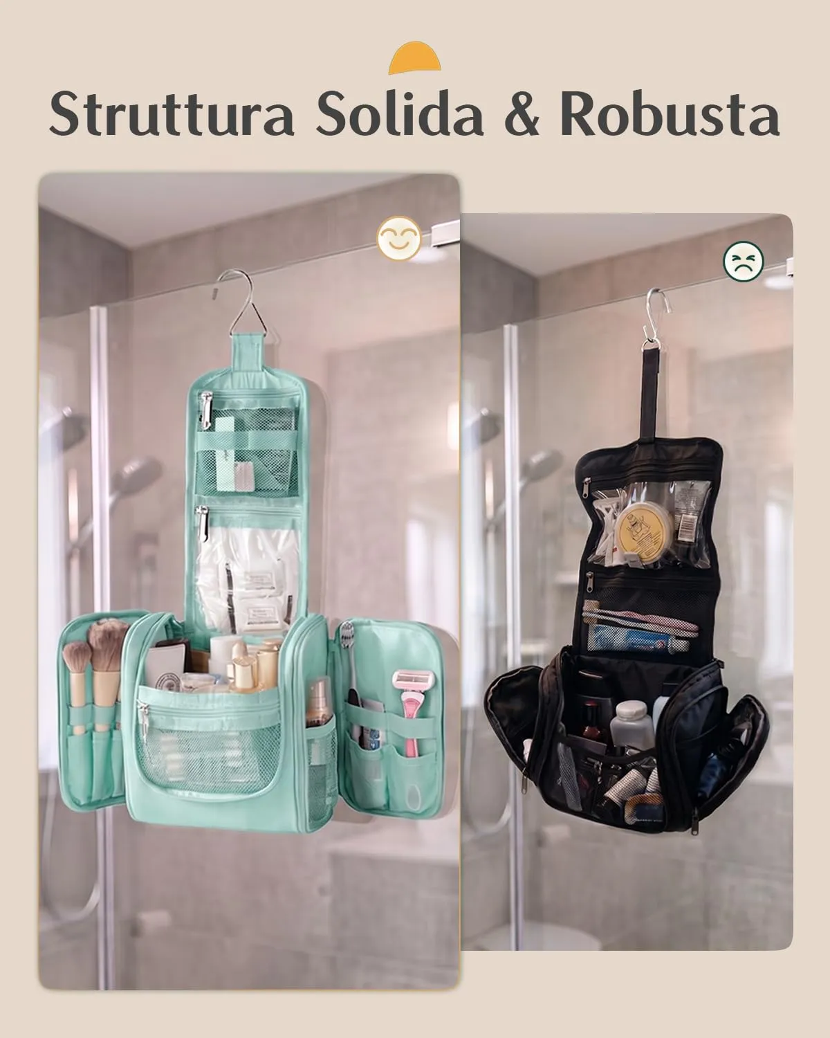 Beauty Case da Viaggio per Donna da Appendere - Borsa da Toilette e Trousse Organizer Portatile per Cosmetici e Prodotti da Bagno - Adatto per i viaggi e la palestra Verde ottanio, Media - immagine 5