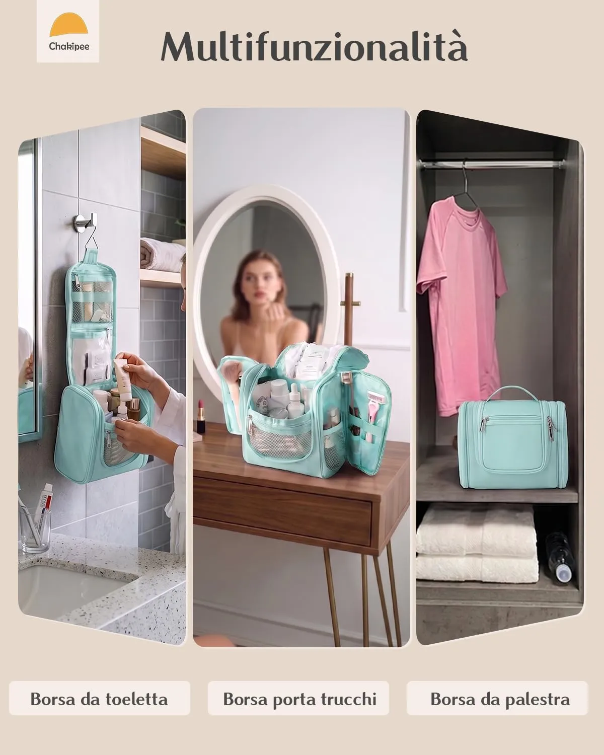 Beauty Case da Viaggio per Donna da Appendere - Borsa da Toilette e Trousse Organizer Portatile per Cosmetici e Prodotti da Bagno - Adatto per i viaggi e la palestra Verde ottanio, Media - immagine 7
