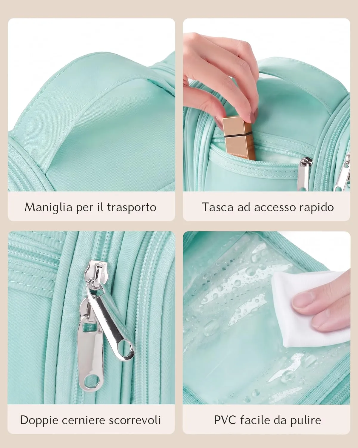 Beauty Case da Viaggio per Donna da Appendere - Borsa da Toilette e Trousse Organizer Portatile per Cosmetici e Prodotti da Bagno - Adatto per i viaggi e la palestra Verde ottanio, Media - immagine 8