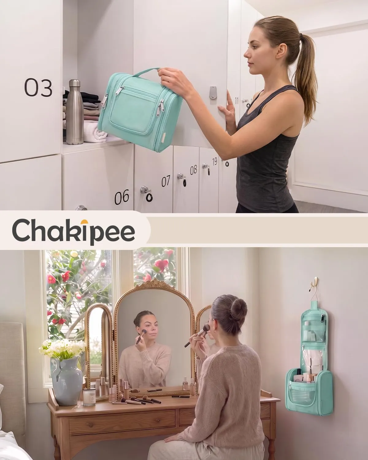 Beauty Case da Viaggio per Donna da Appendere - Borsa da Toilette e Trousse Organizer Portatile per Cosmetici e Prodotti da Bagno - Adatto per i viaggi e la palestra Verde ottanio, Media - immagine 9