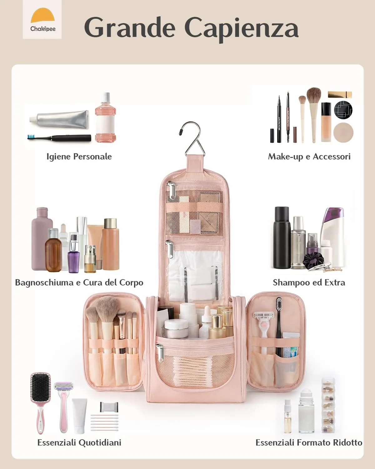 Beauty Case da Viaggio per Donna da Appendere - Borsa da Toilette e Trousse Organizer Portatile per Cosmetici e Prodotti da Bagno - Adatto per i viaggi e la palestra Rosa,Media - immagine 2