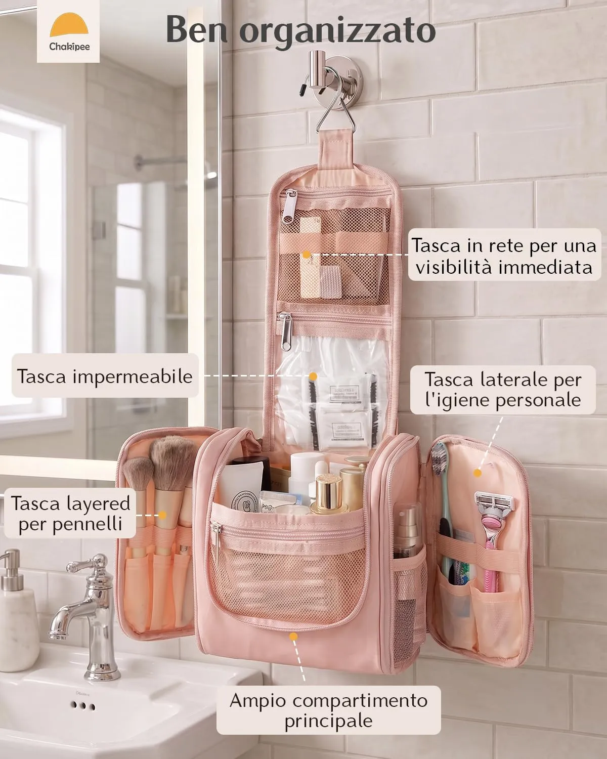 Beauty Case da Viaggio per Donna da Appendere - Borsa da Toilette e Trousse Organizer Portatile per Cosmetici e Prodotti da Bagno - Adatto per i viaggi e la palestra Rosa,Media - immagine 3
