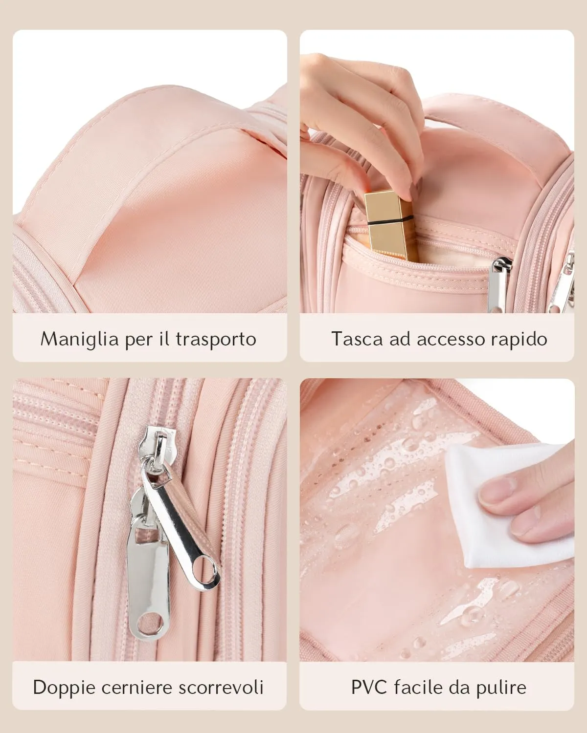 Beauty Case da Viaggio per Donna da Appendere - Borsa da Toilette e Trousse Organizer Portatile per Cosmetici e Prodotti da Bagno - Adatto per i viaggi e la palestra Rosa,Media - immagine 8