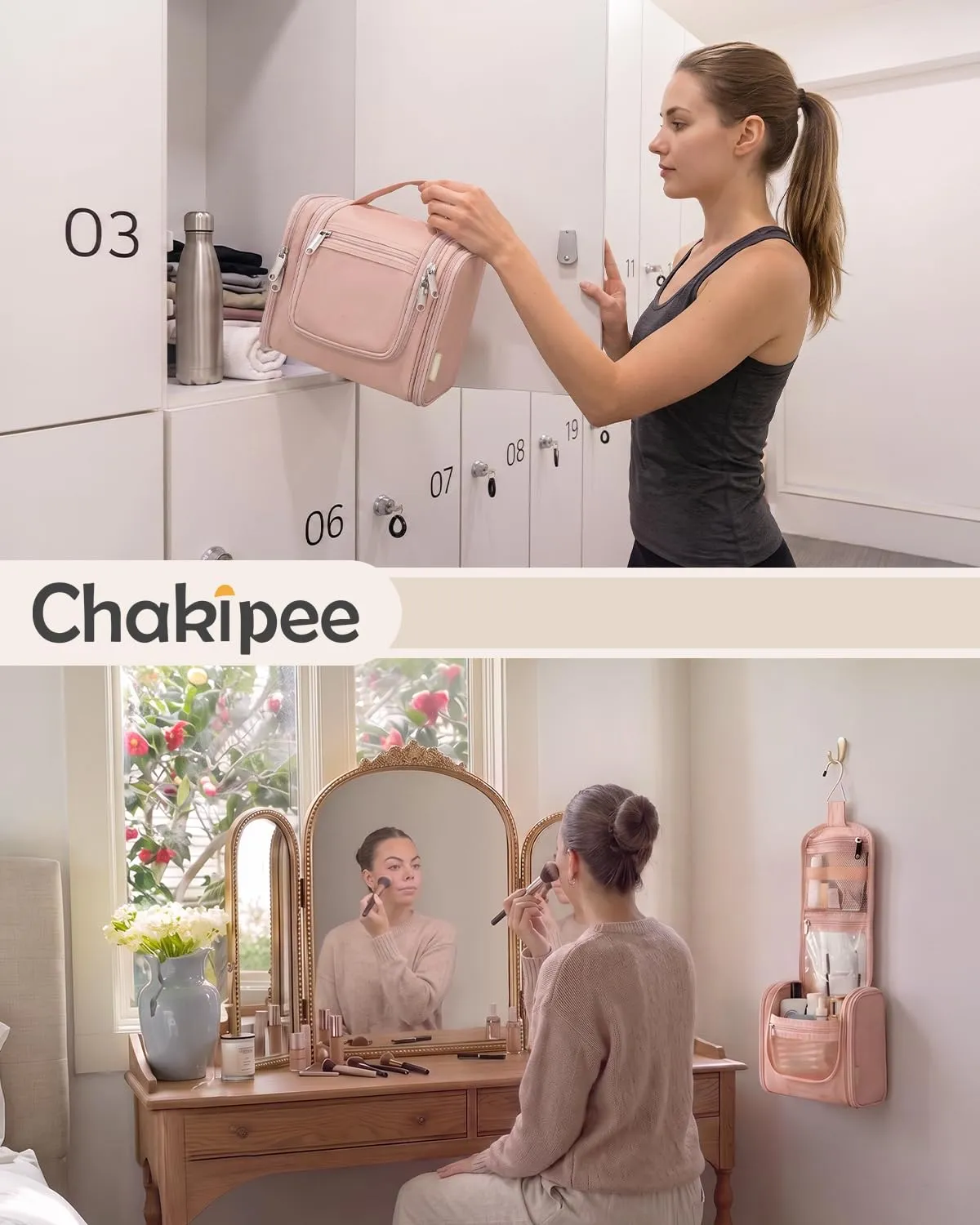 Beauty Case da Viaggio per Donna da Appendere - Borsa da Toilette e Trousse Organizer Portatile per Cosmetici e Prodotti da Bagno - Adatto per i viaggi e la palestra Rosa,Media - immagine 9