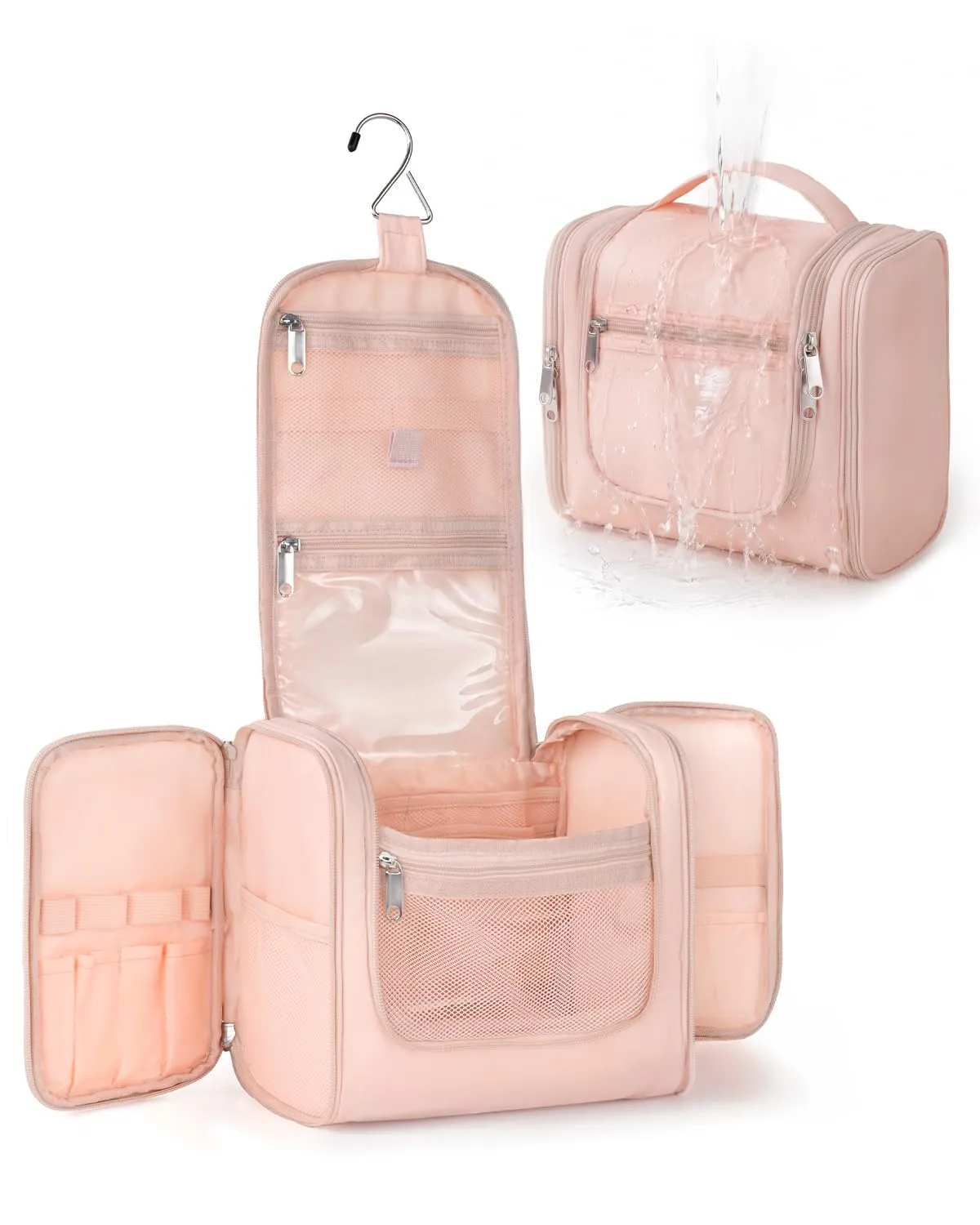Beauty Case da Viaggio per Donna da Appendere - Borsa da Toilette e Trousse Organizer Portatile per Cosmetici e Prodotti da Bagno - Adatto per i viaggi e la palestra Rosa, Grande - immagine 1