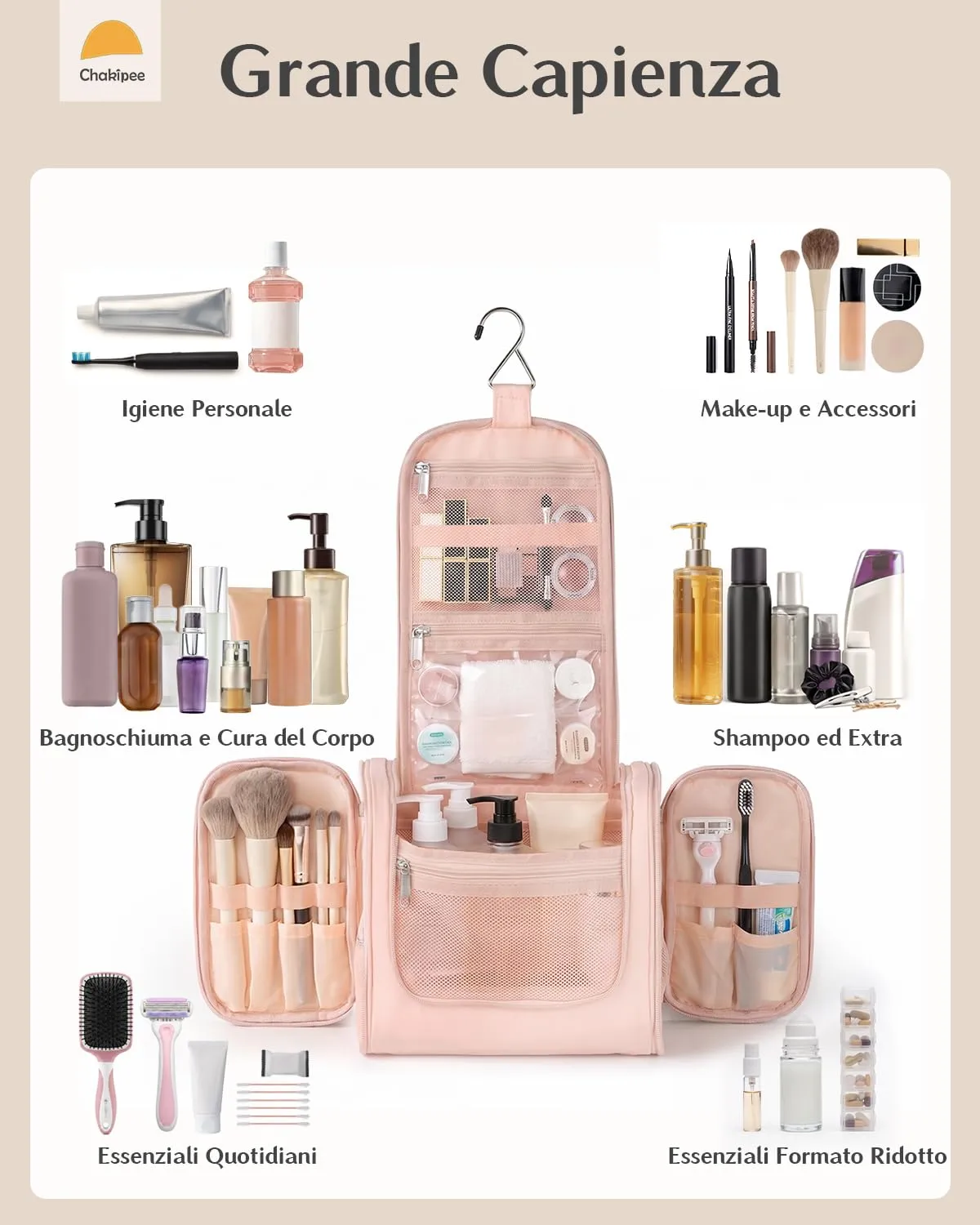 Beauty Case da Viaggio per Donna da Appendere - Borsa da Toilette e Trousse Organizer Portatile per Cosmetici e Prodotti da Bagno - Adatto per i viaggi e la palestra Rosa, Grande - immagine 2