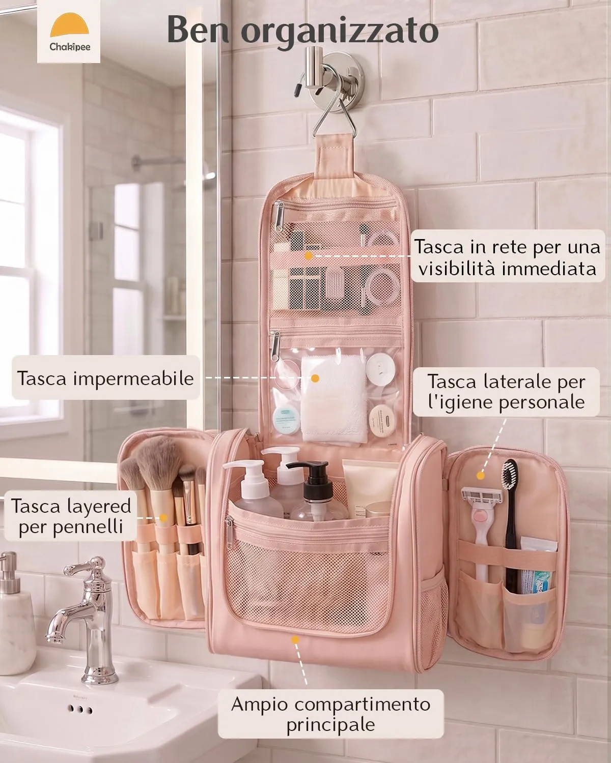 Beauty Case da Viaggio per Donna da Appendere - Borsa da Toilette e Trousse Organizer Portatile per Cosmetici e Prodotti da Bagno - Adatto per i viaggi e la palestra Rosa, Grande - immagine 3