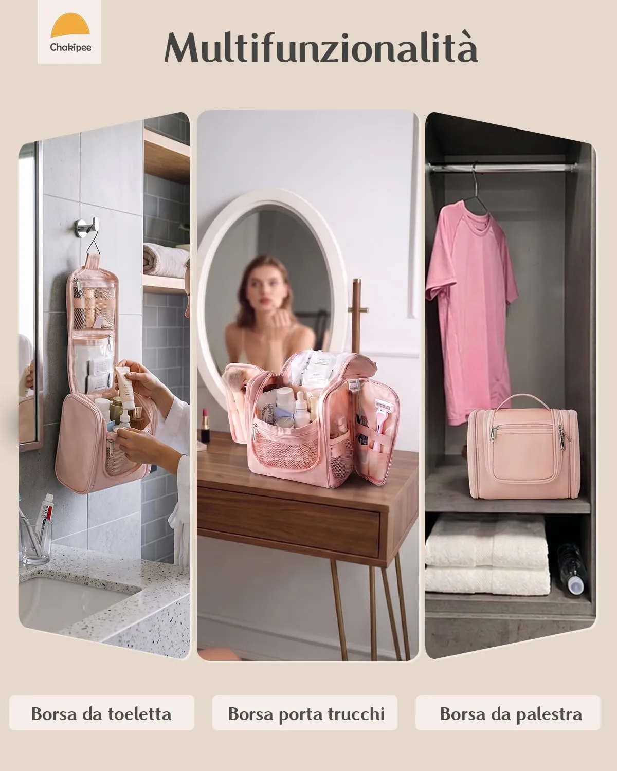 Beauty Case da Viaggio per Donna da Appendere - Borsa da Toilette e Trousse Organizer Portatile per Cosmetici e Prodotti da Bagno - Adatto per i viaggi e la palestra Rosa, Grande - immagine 7