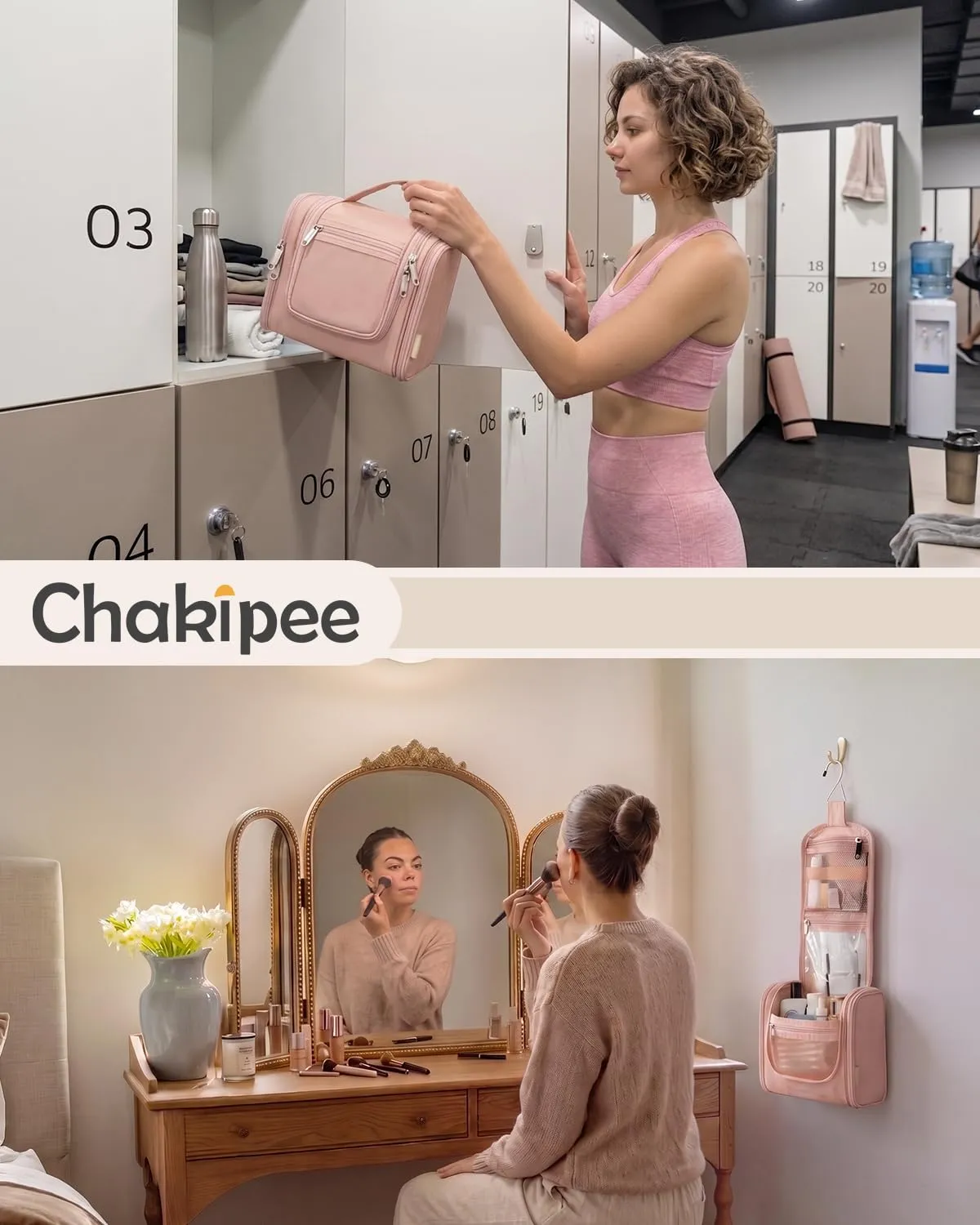 Beauty Case da Viaggio per Donna da Appendere - Borsa da Toilette e Trousse Organizer Portatile per Cosmetici e Prodotti da Bagno - Adatto per i viaggi e la palestra Rosa, Grande - immagine 9