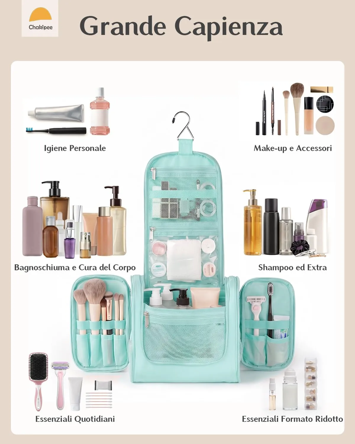 Beauty Case da Viaggio per Donna da Appendere - Borsa da Toilette e Trousse Organizer Portatile per Cosmetici e Prodotti da Bagno - Adatto per i viaggi e la palestra Verde ottanio, Grande - immagine 2