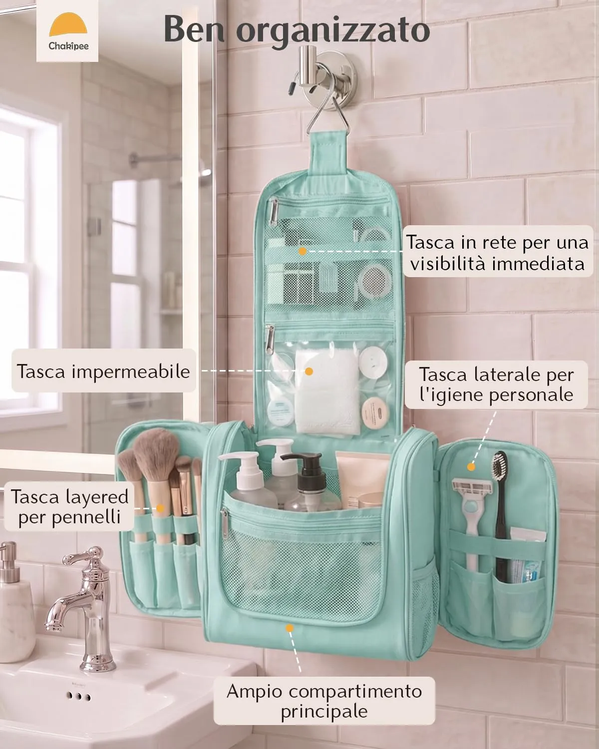 Beauty Case da Viaggio per Donna da Appendere - Borsa da Toilette e Trousse Organizer Portatile per Cosmetici e Prodotti da Bagno - Adatto per i viaggi e la palestra Verde ottanio, Grande - immagine 3