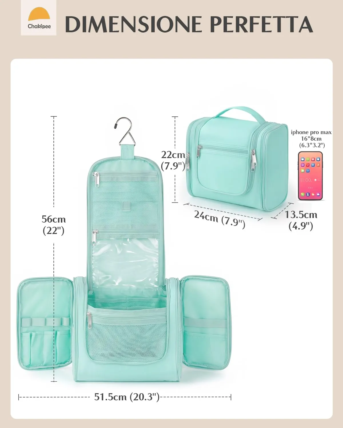 Beauty Case da Viaggio per Donna da Appendere - Borsa da Toilette e Trousse Organizer Portatile per Cosmetici e Prodotti da Bagno - Adatto per i viaggi e la palestra Verde ottanio, Grande - immagine 4