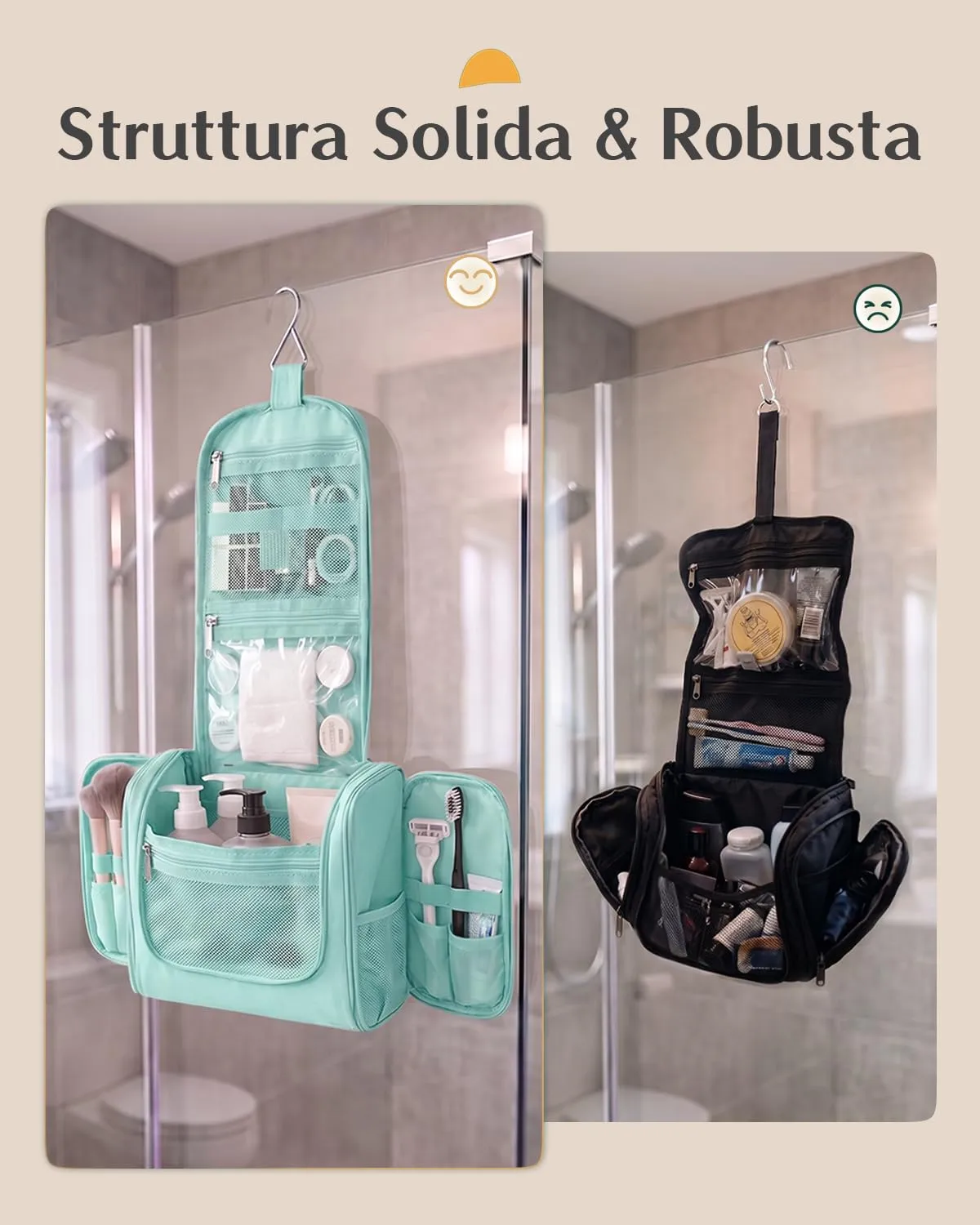 Beauty Case da Viaggio per Donna da Appendere - Borsa da Toilette e Trousse Organizer Portatile per Cosmetici e Prodotti da Bagno - Adatto per i viaggi e la palestra Verde ottanio, Grande - immagine 5
