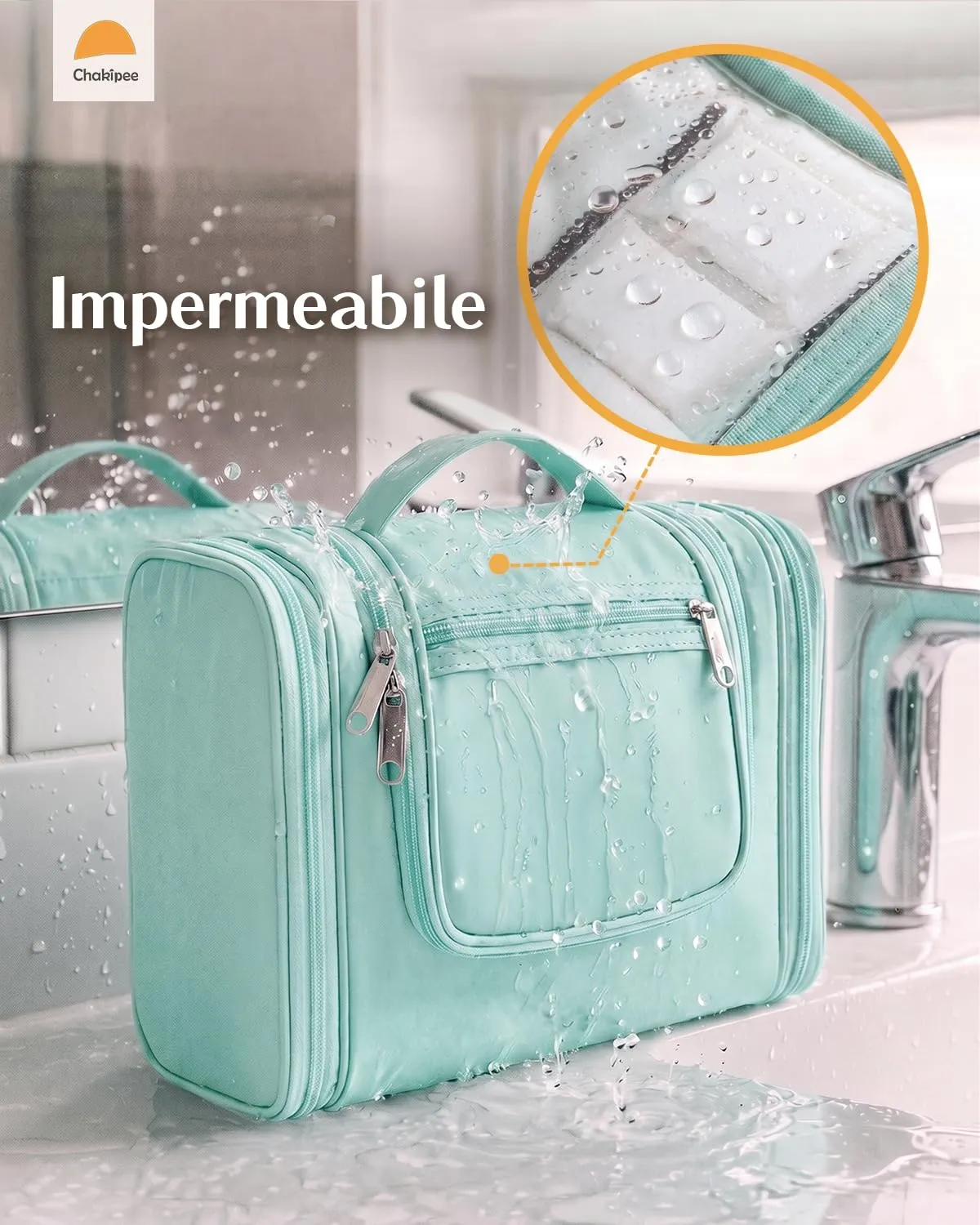 Beauty Case da Viaggio per Donna da Appendere - Borsa da Toilette e Trousse Organizer Portatile per Cosmetici e Prodotti da Bagno - Adatto per i viaggi e la palestra Verde ottanio, Grande - immagine 6
