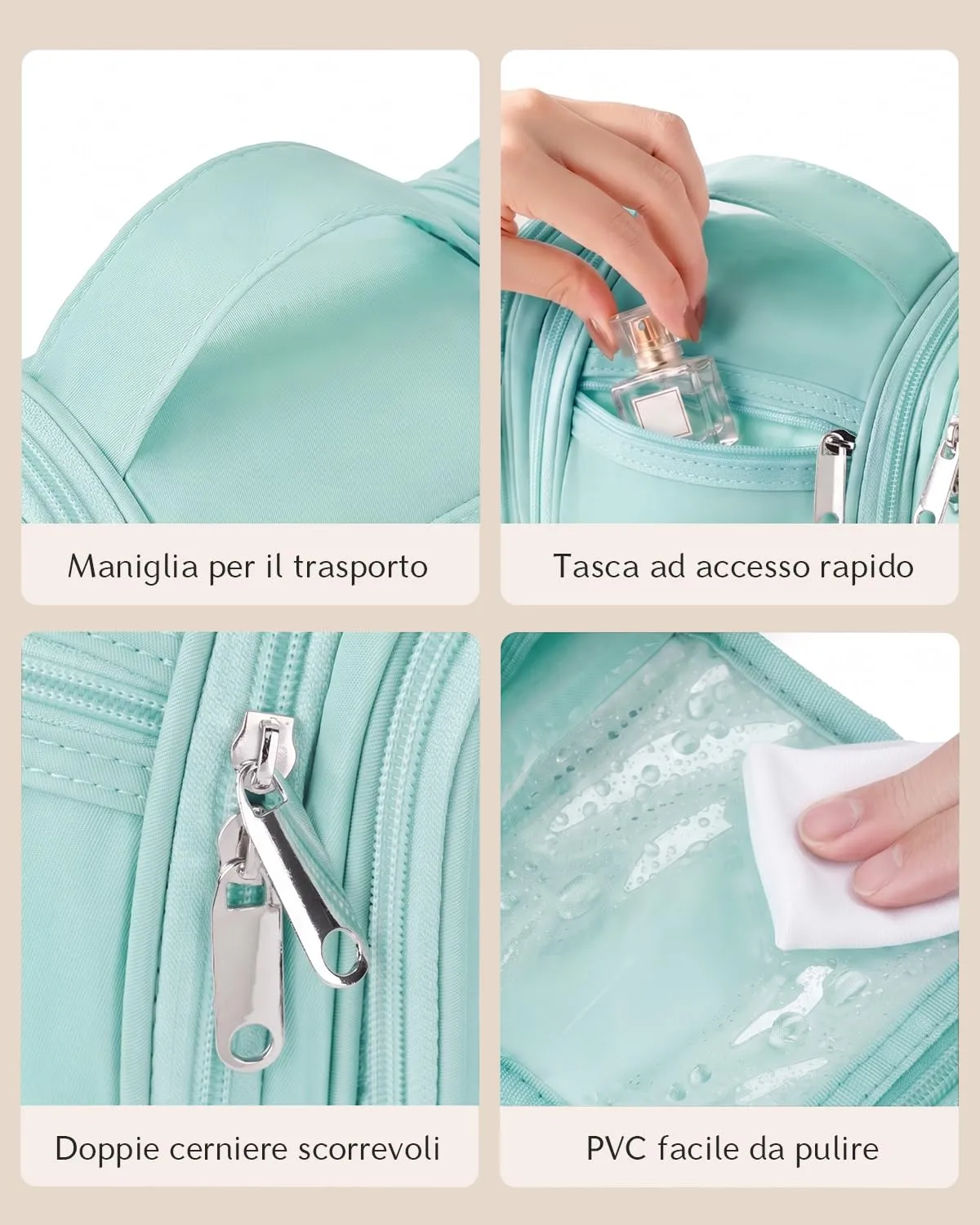 Beauty Case da Viaggio per Donna da Appendere - Borsa da Toilette e Trousse Organizer Portatile per Cosmetici e Prodotti da Bagno - Adatto per i viaggi e la palestra Verde ottanio, Grande - immagine 8