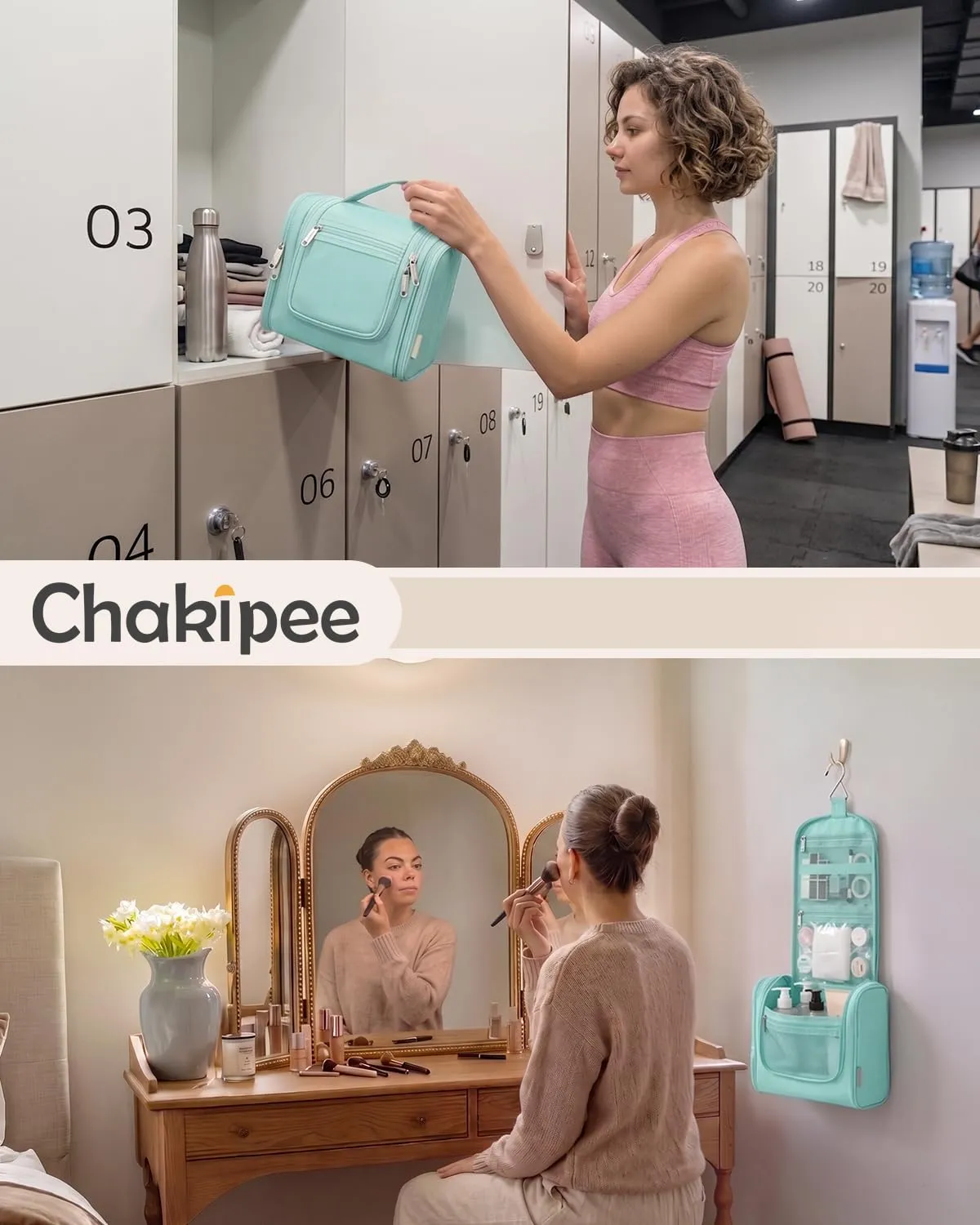 Beauty Case da Viaggio per Donna da Appendere - Borsa da Toilette e Trousse Organizer Portatile per Cosmetici e Prodotti da Bagno - Adatto per i viaggi e la palestra Verde ottanio, Grande - immagine 9